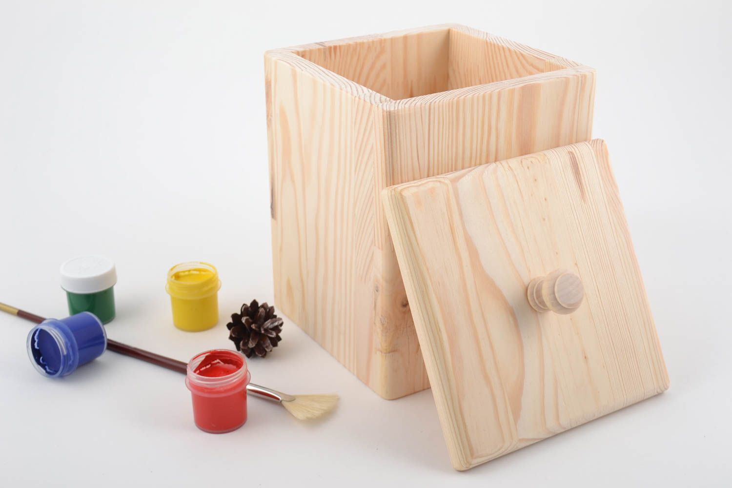Handmade pine wood craft blank for decoration kitchen storage box with lid photo 1