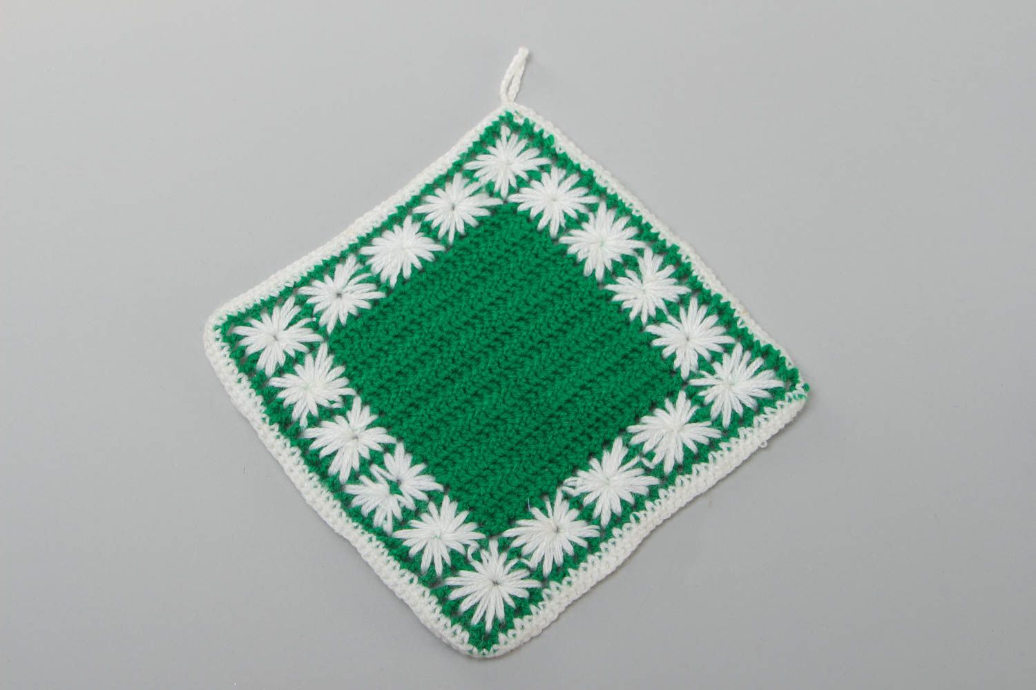 Handmade small square napkin crocheted of green and white acrylic threads photo 2