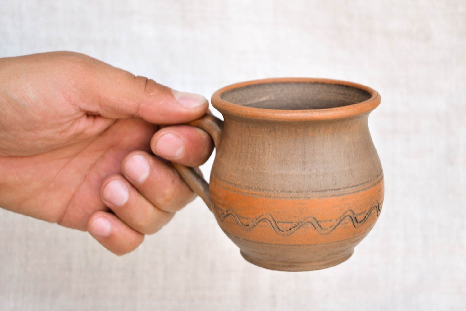 6 oz clay coffee cup in pot shape with handle and plain olive and light brown color design photo 2