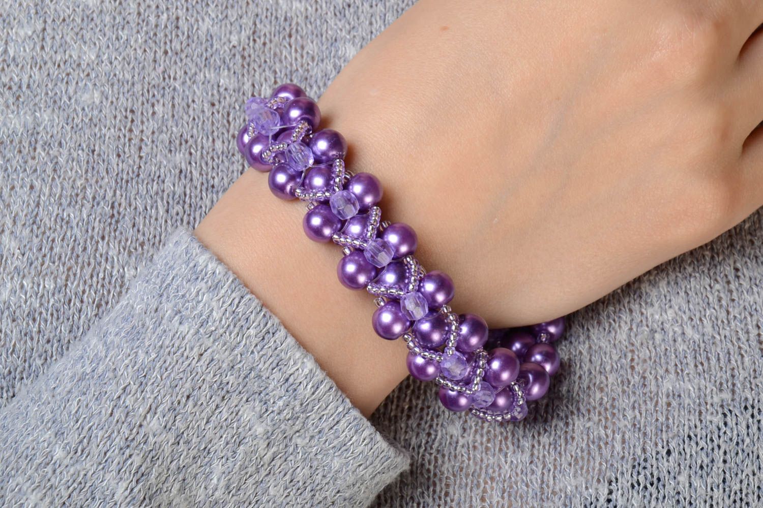 All-size adjustable beaded bracelet of violet color for women photo 1