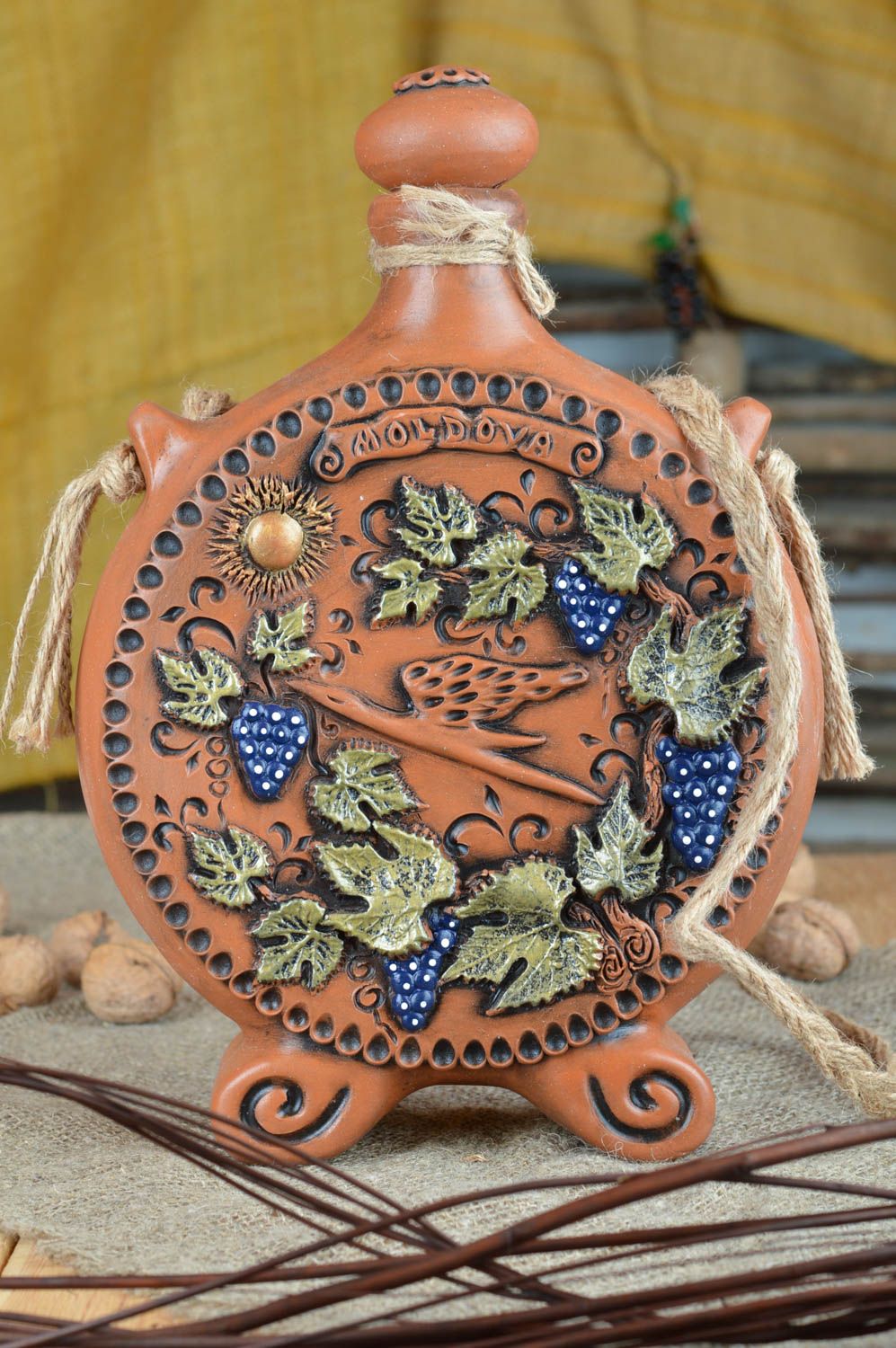 Handmade unusual ceramic painted decanter flat bottle with glaze Stork photo 1