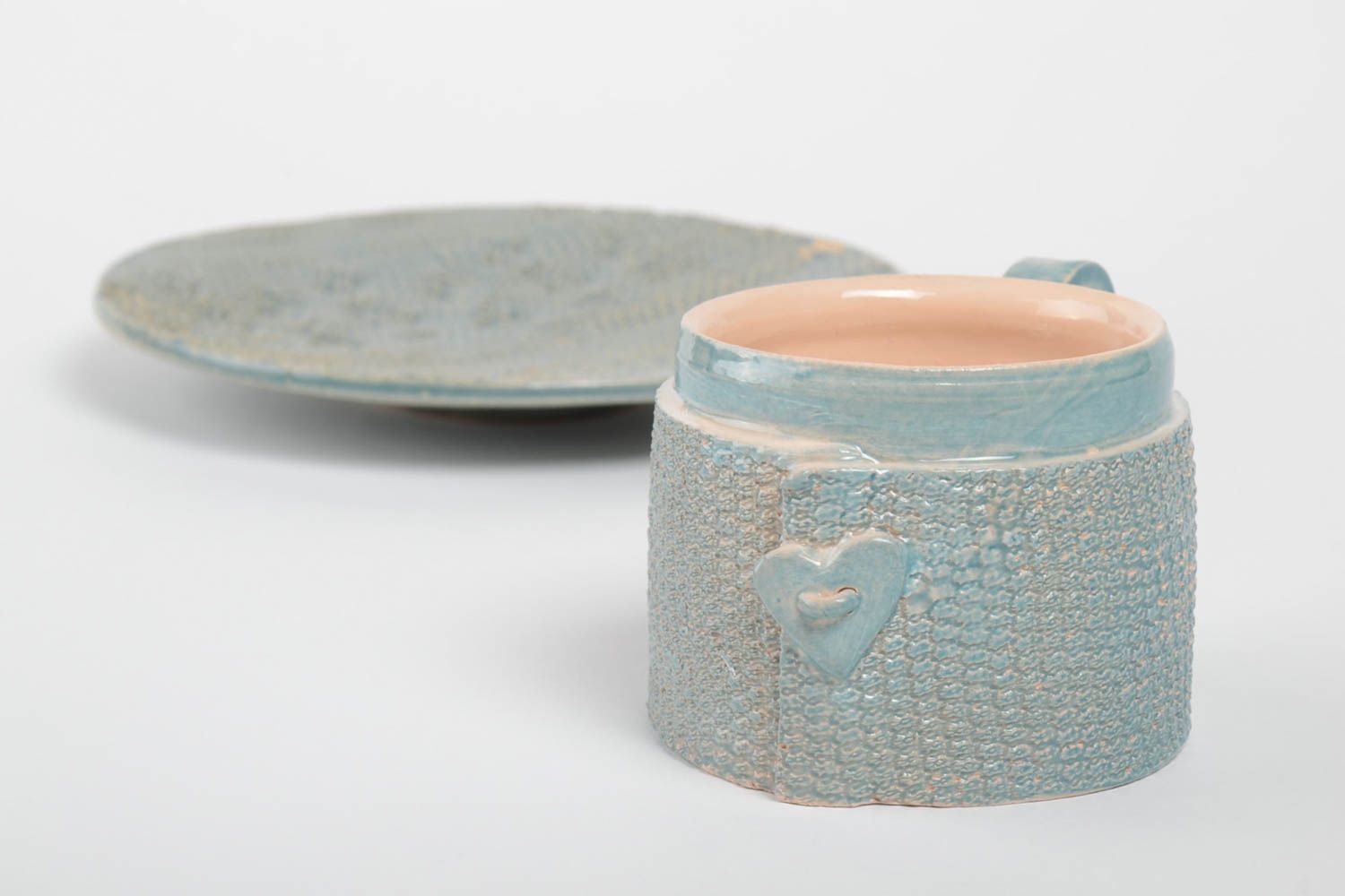 Посуда из глины набор из 2 штук чашка и тарелка голубые красивые ручная работа фото 4