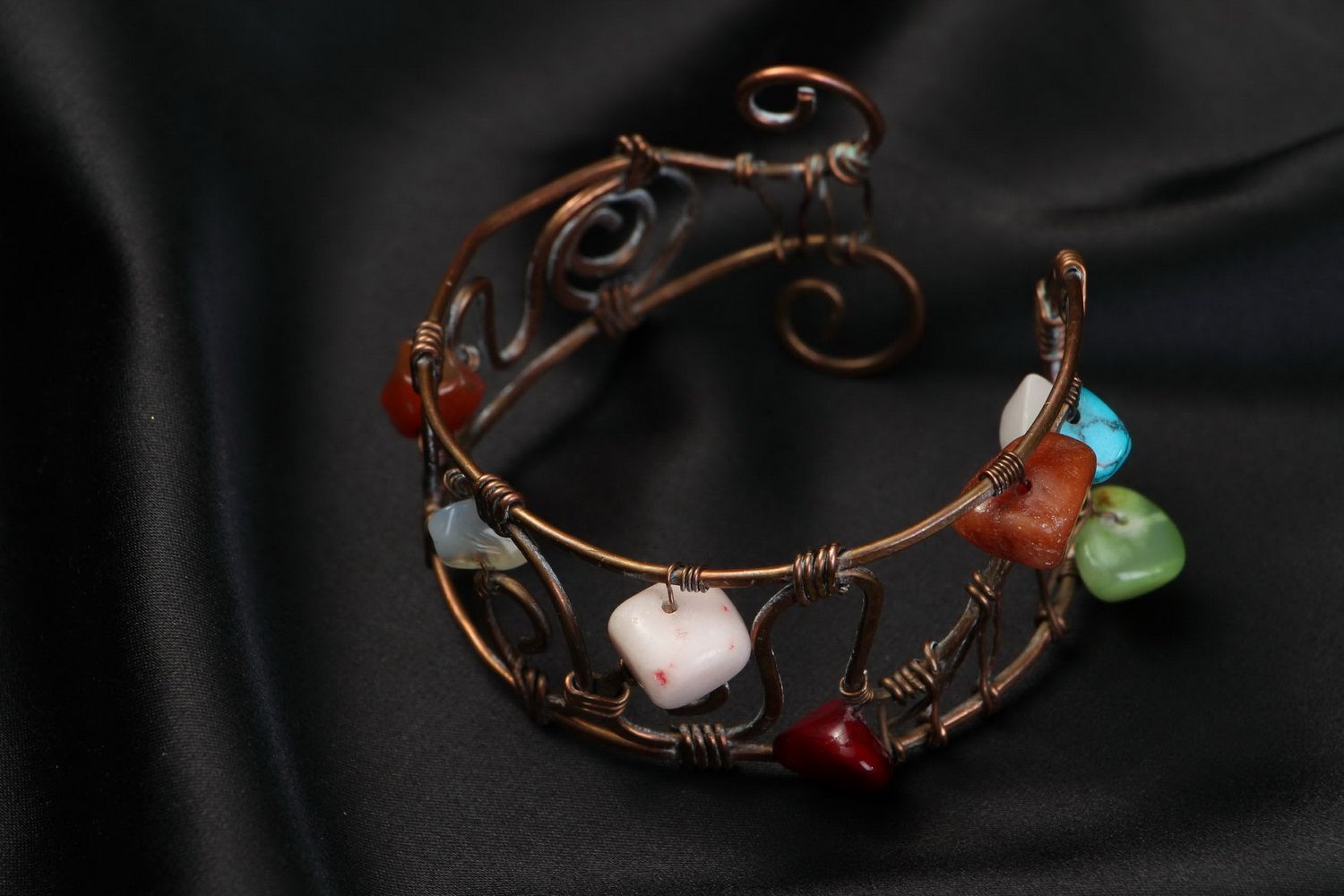 Wide Bracelet Made of Copper with Natural Stones photo 4
