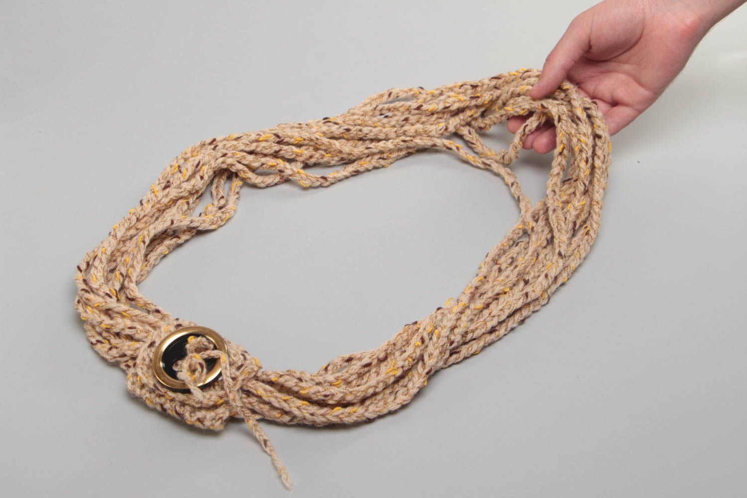 Unusual stylish beautiful handmade crochet scarf with button narrow beige photo 5