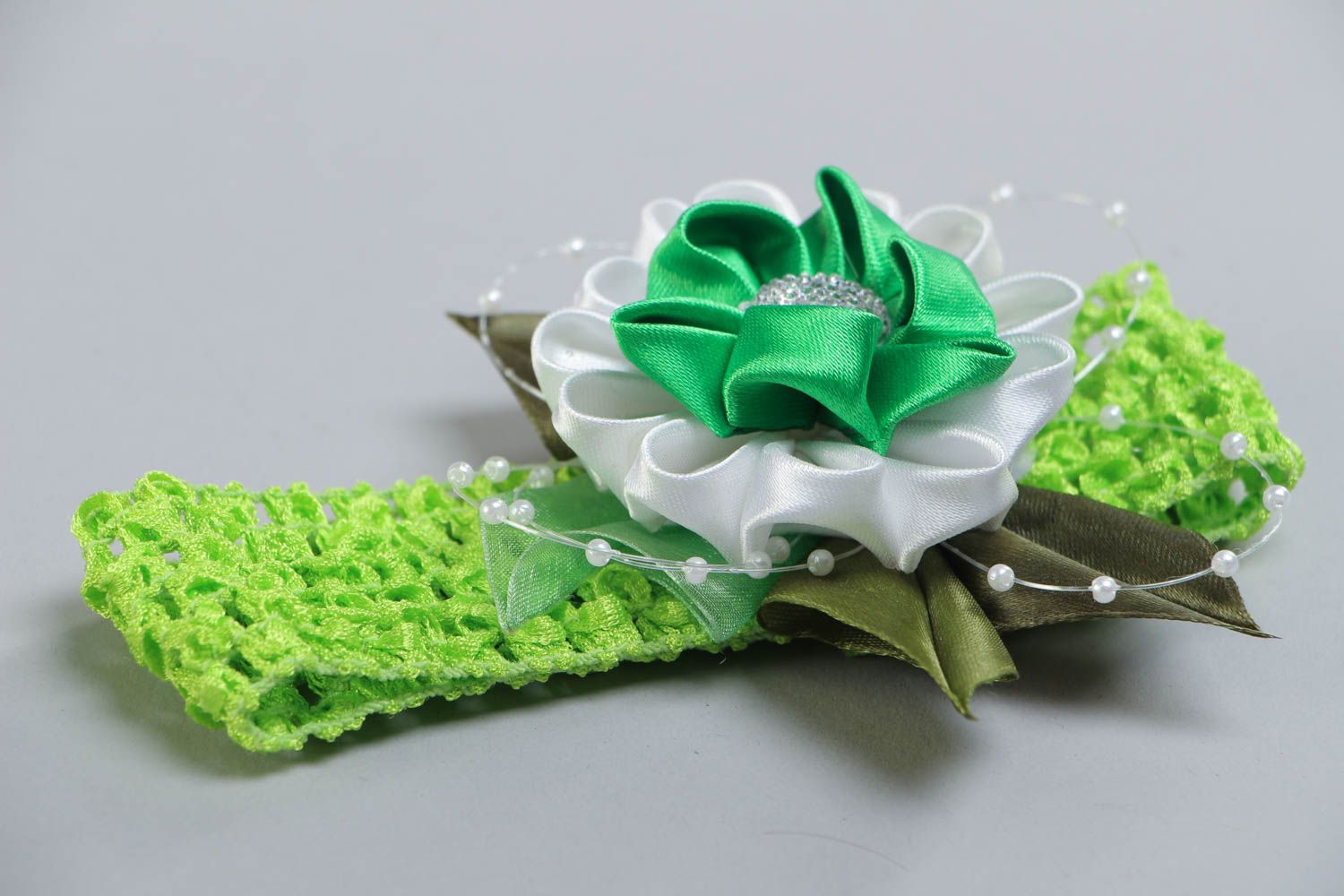Handmade light green decorative headband with stretch basis and kanzashi flower photo 3