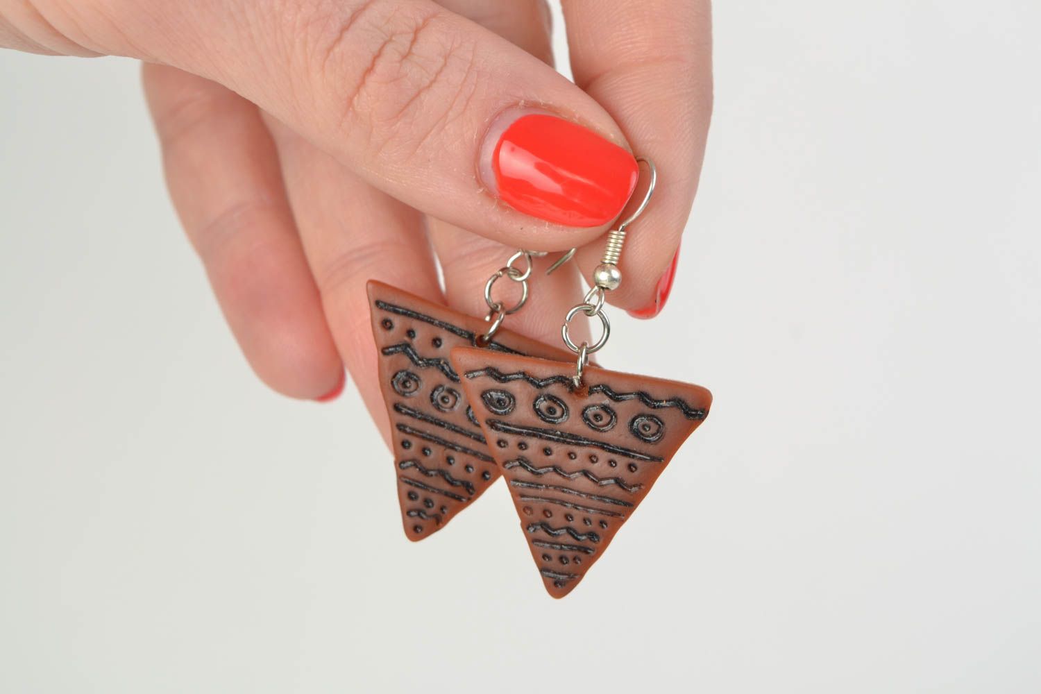 Handmade triangular earrings with charms made of polymer clay with pattern photo 2