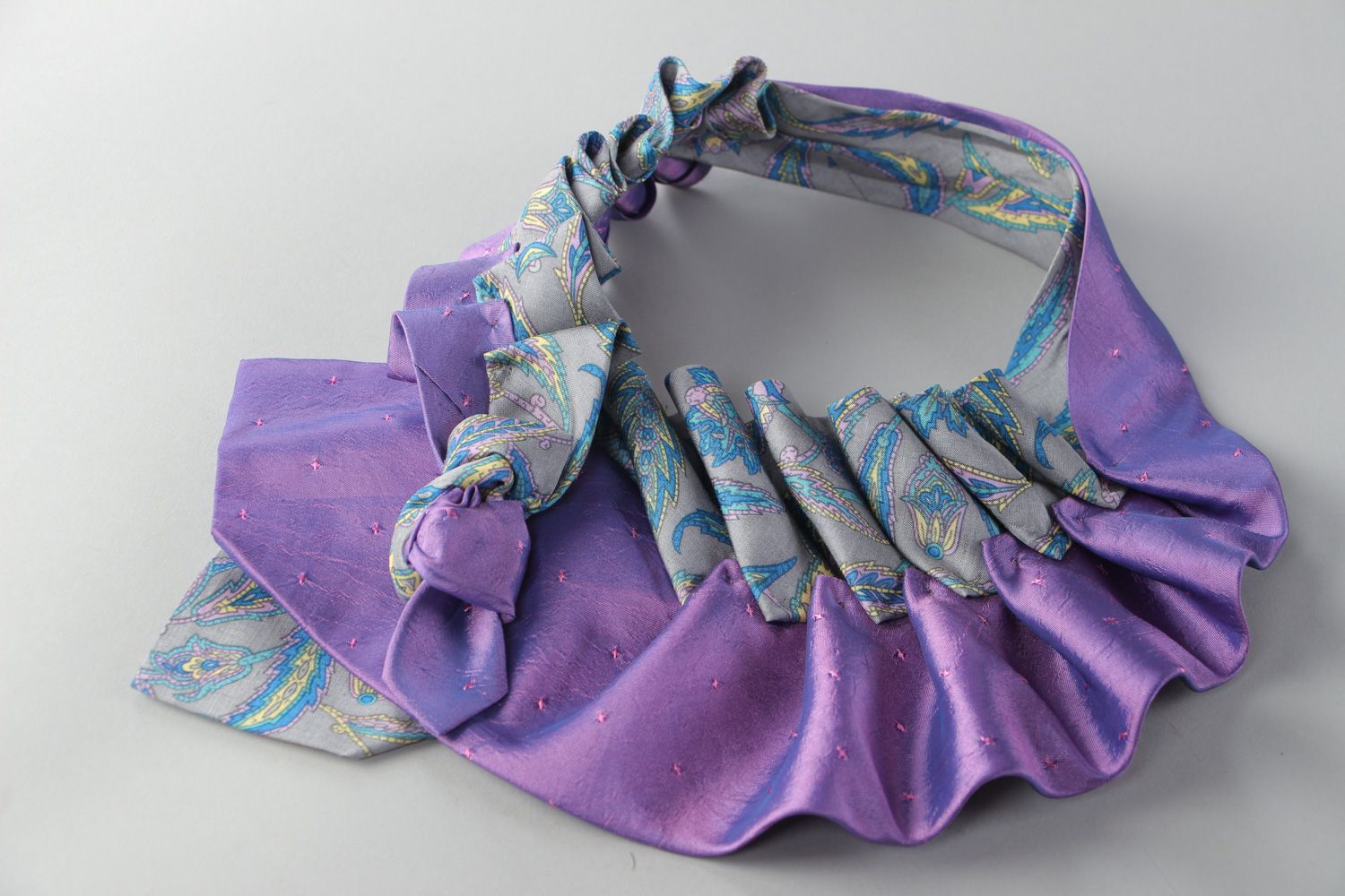 Unusual necklace hand made of satin and silk men's ties decorative collar of violet color photo 2