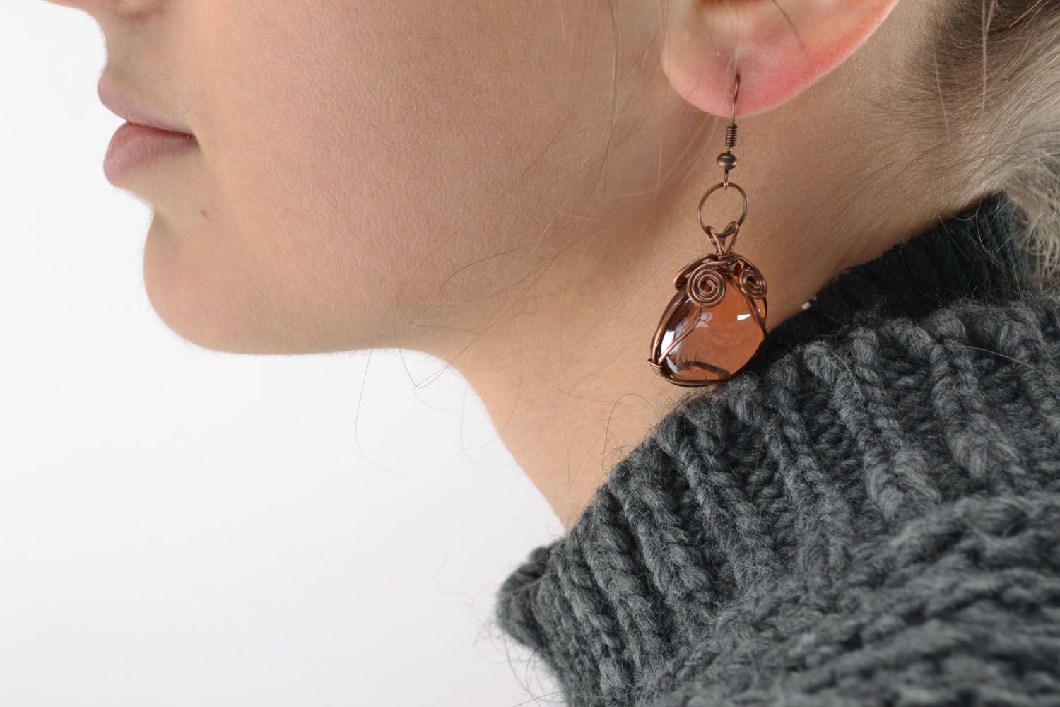 Copper earrings with glass beads photo 5