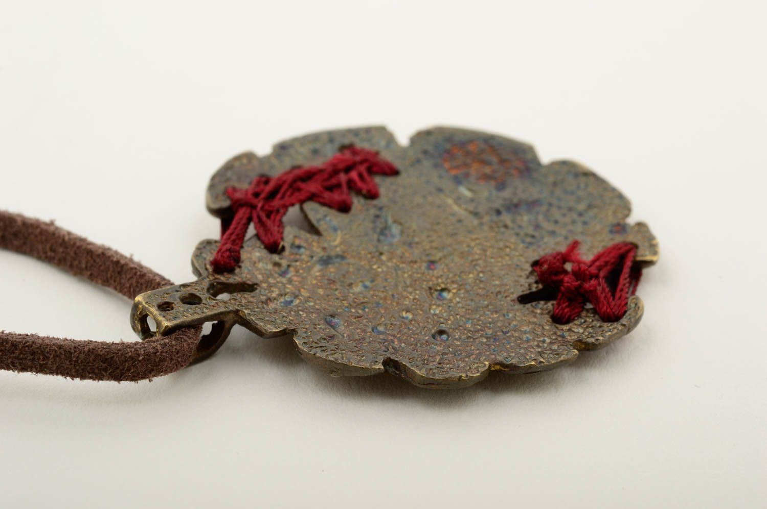 Handmade bronze cute pendant unusual beautiful pendant accessory on lace photo 5
