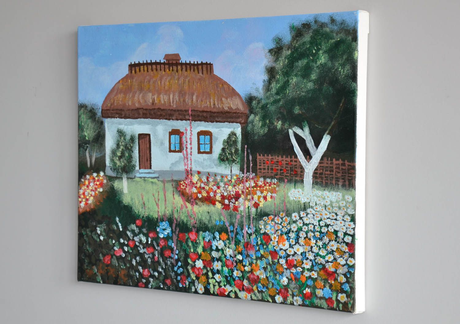 Tableau peint de couleurs acryliques 'Maison avec jardin' photo 2