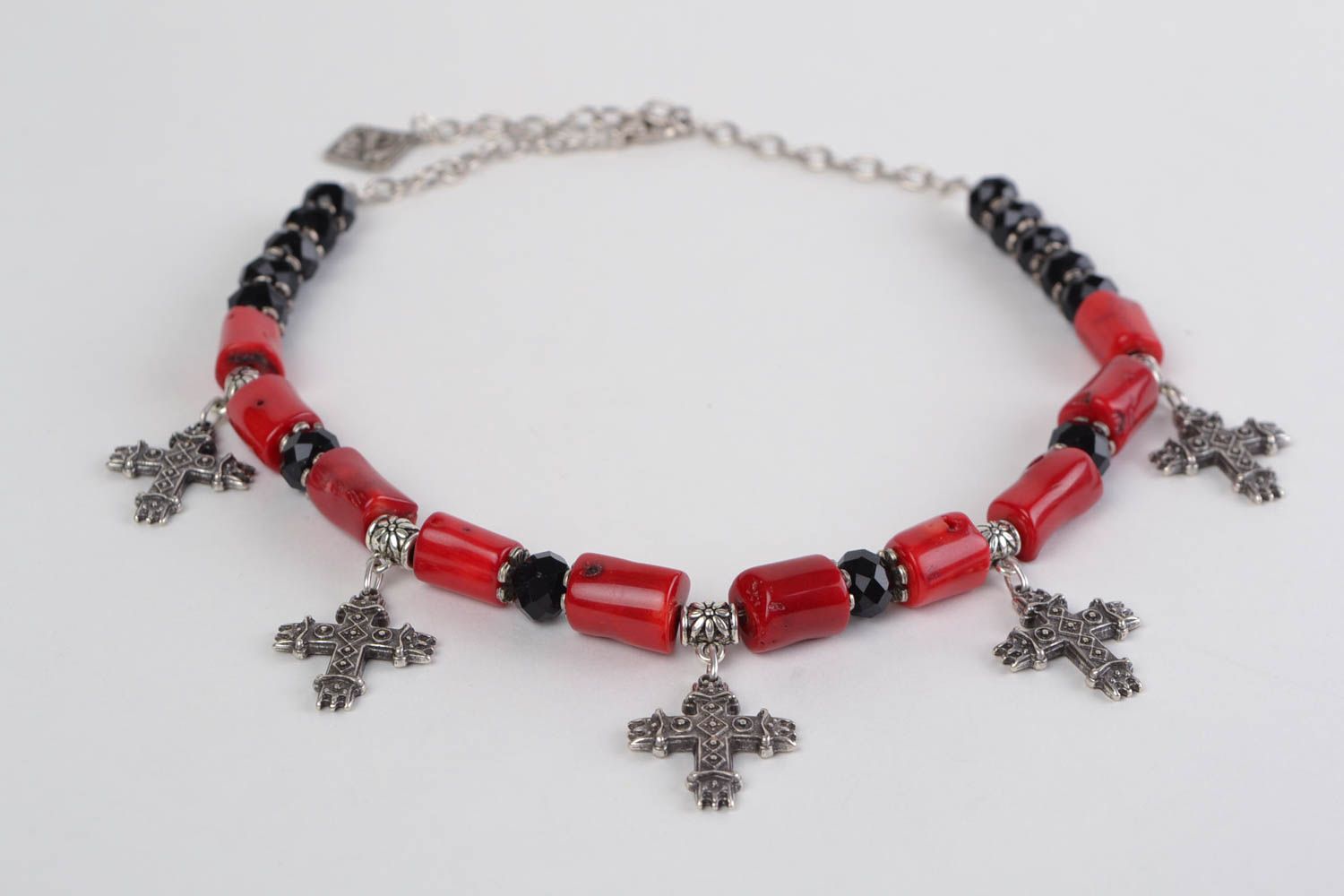 Handmade natural coral bead necklace with metal cross charms and Czech glass photo 3