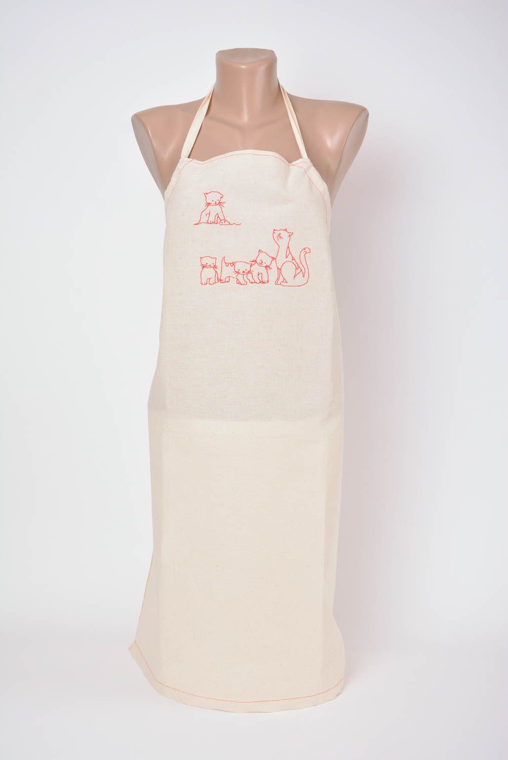 Female white apron made of semi linen fabric with handmade embroidery Cats photo 1