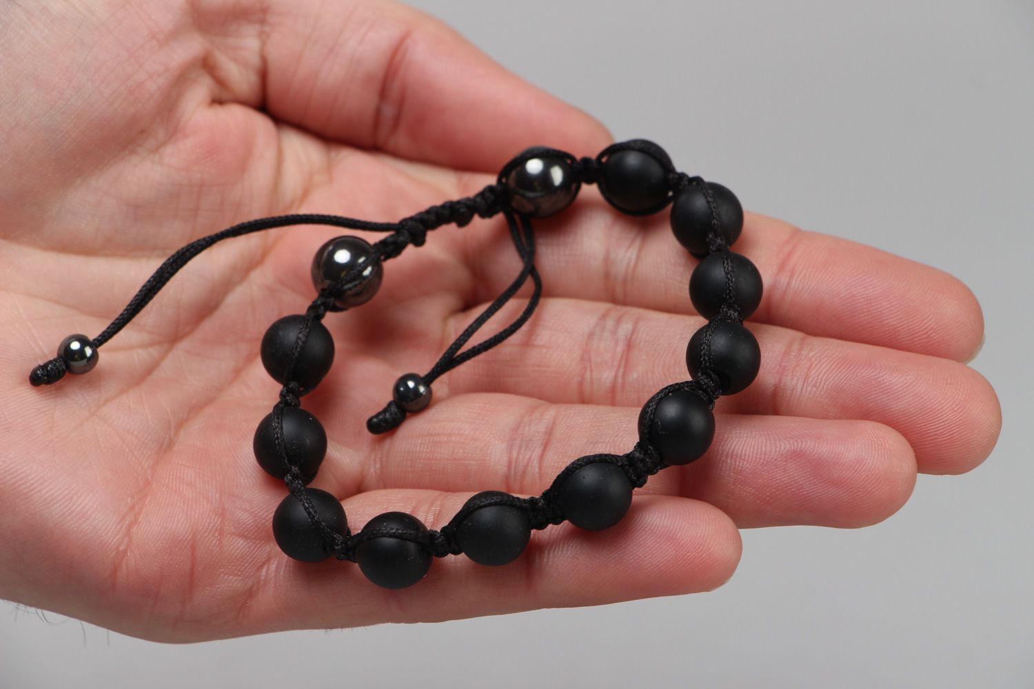Handmade woven wrist bracelet with black shungite and hematite stone beads  photo 3