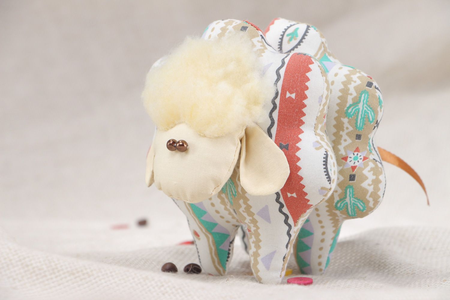 Small cute handmade soft toy sewn of motley cotton fabric for kids Lamb photo 5