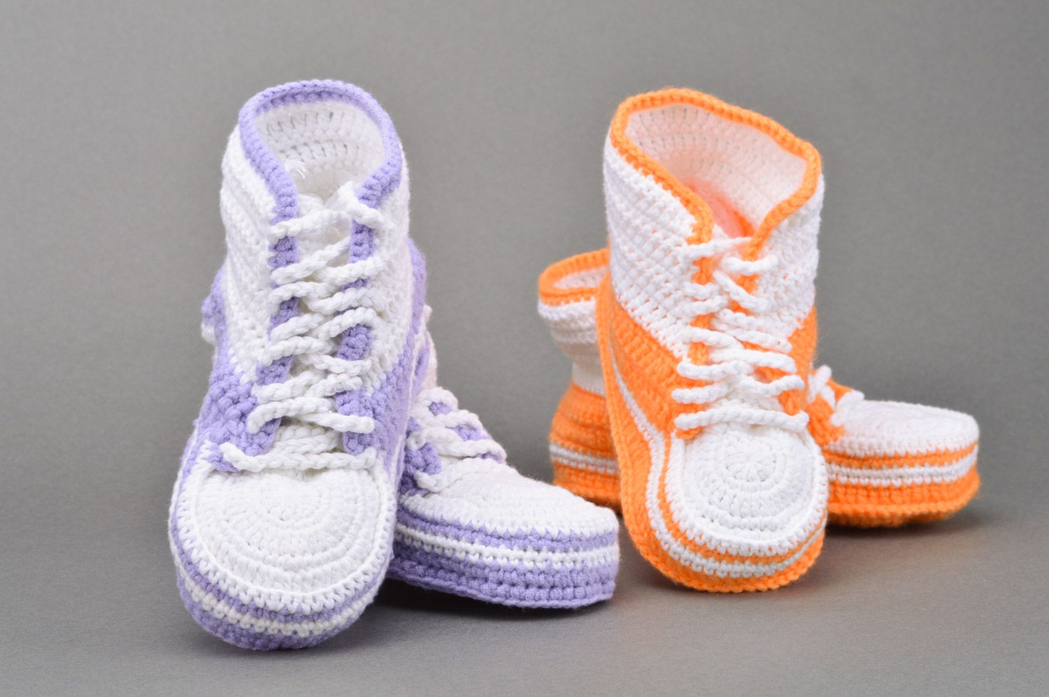 Handmade crocheted baby booties set of 2 pairs in orange and purple colors photo 5