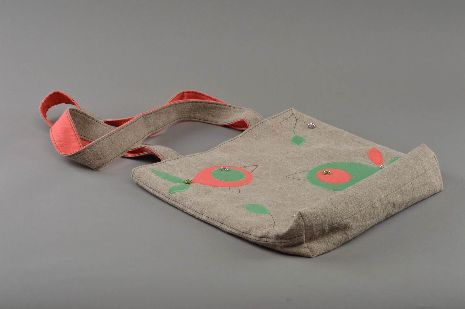 Unusual handmade designer women's textile linen shoulder bag with birds photo 1