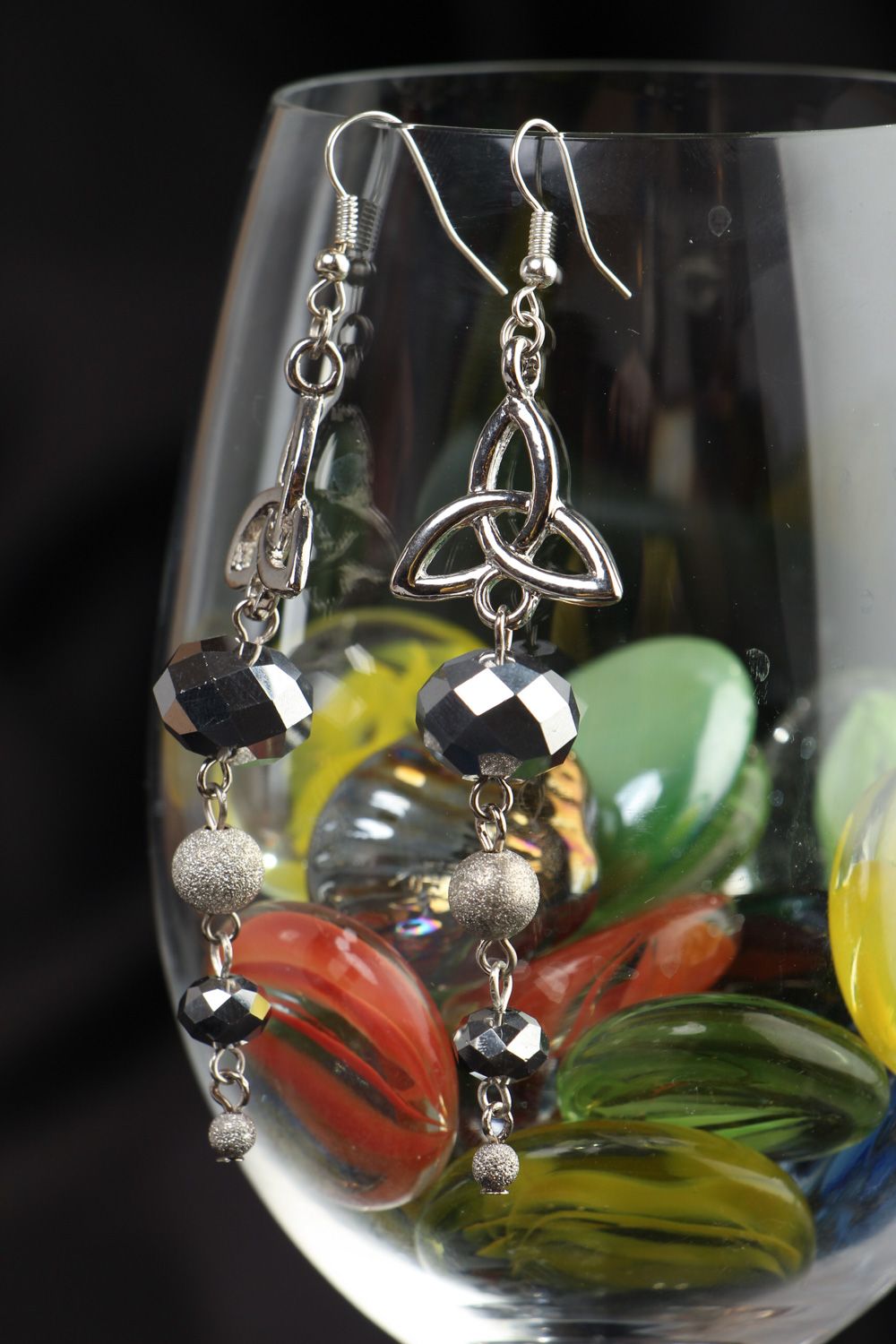 Elegant handmade metal earrings with glass faceted beads evening jewelry  photo 4
