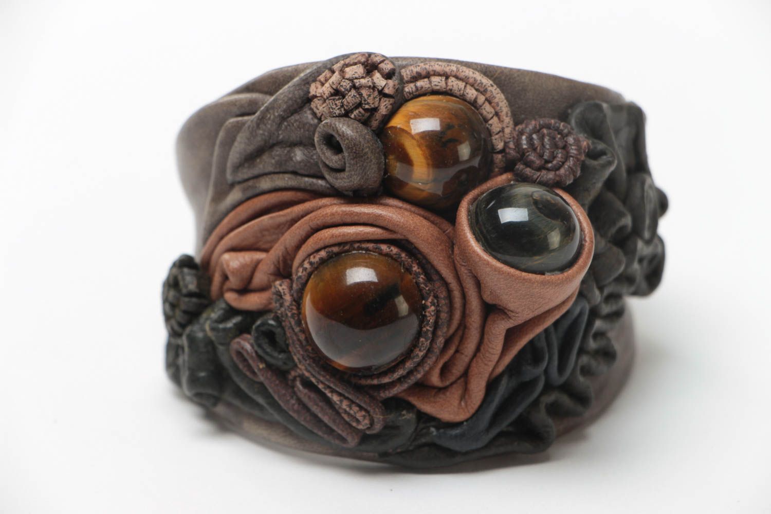 Handmade designer massive genuine leather wrist bracelet with tiger's eye stone photo 2