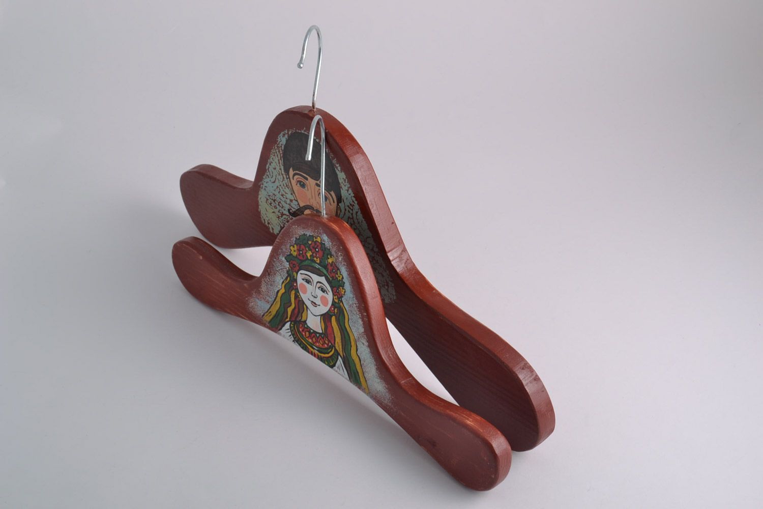 Set of 2 handmade wooden clothes hangers with ethnic painting for him and her photo 4