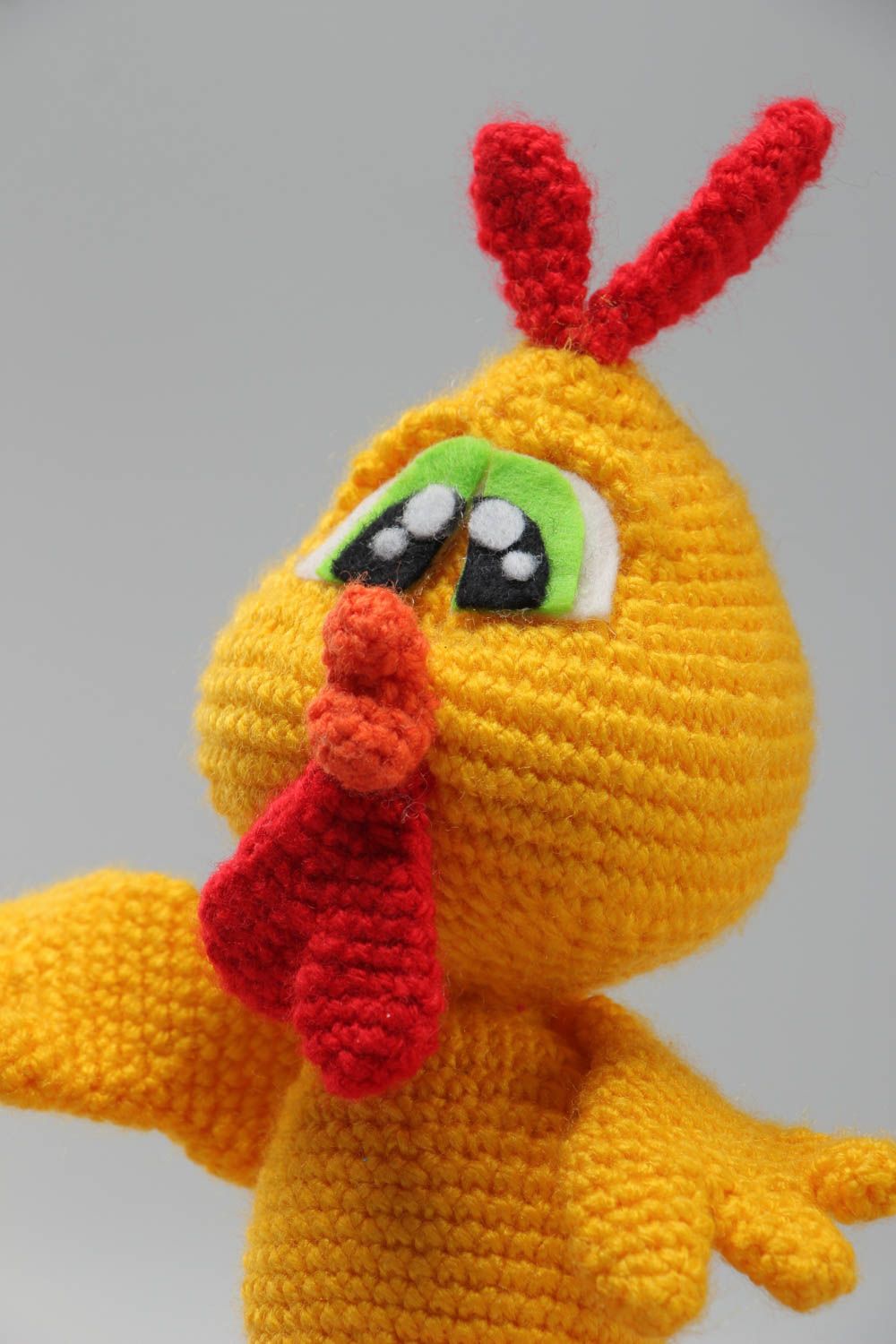 Handmade soft toy crocheted of acrylic threads in the shape of yellow chicken photo 3