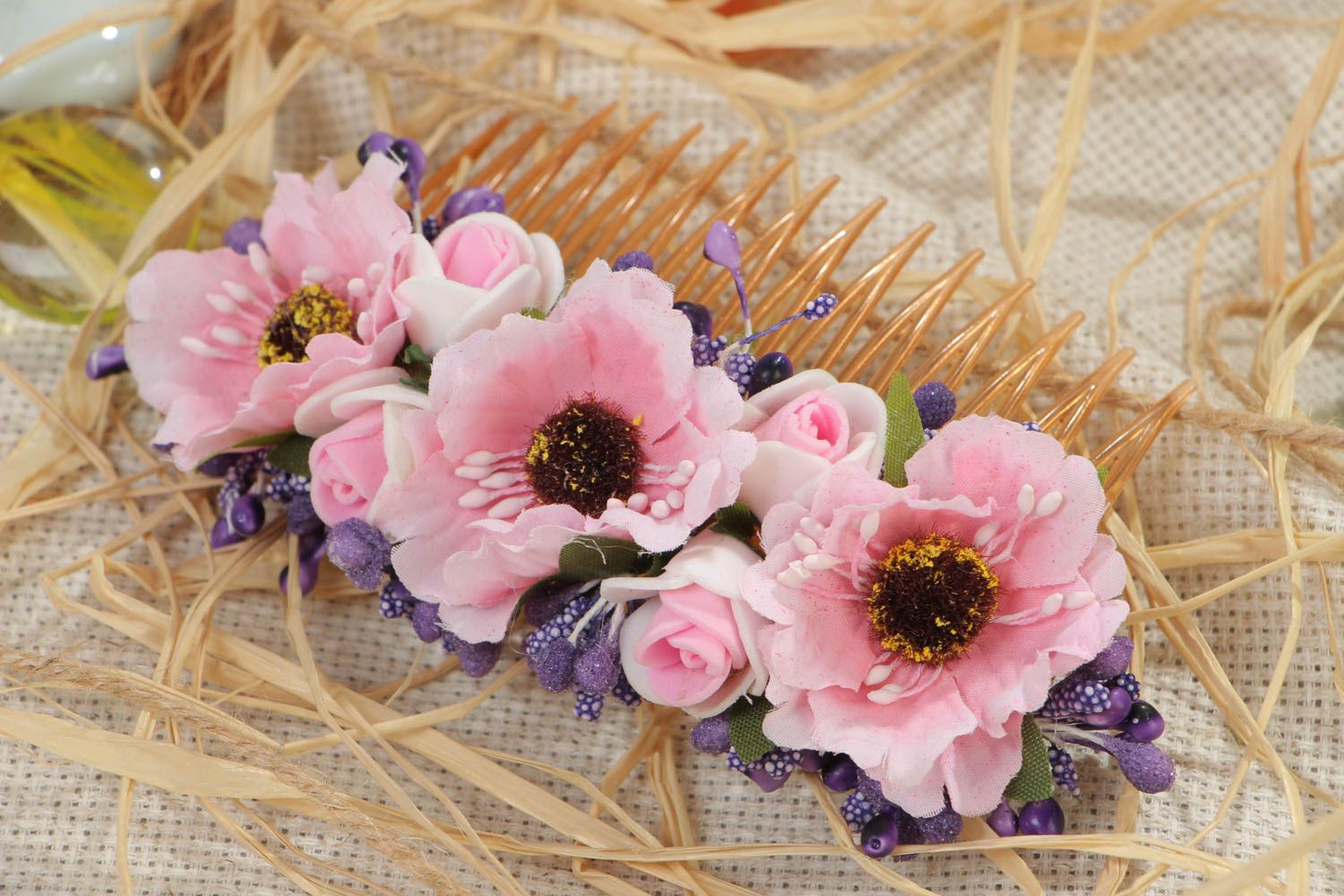 Handmade decorative hair comb with tender pink artificial flowers  photo 1