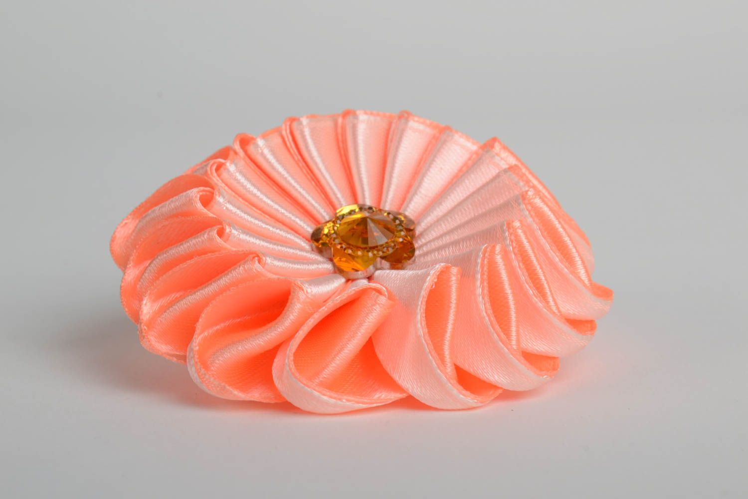 Designer homemade decorative hair band with kanzashi flower of peach color photo 3
