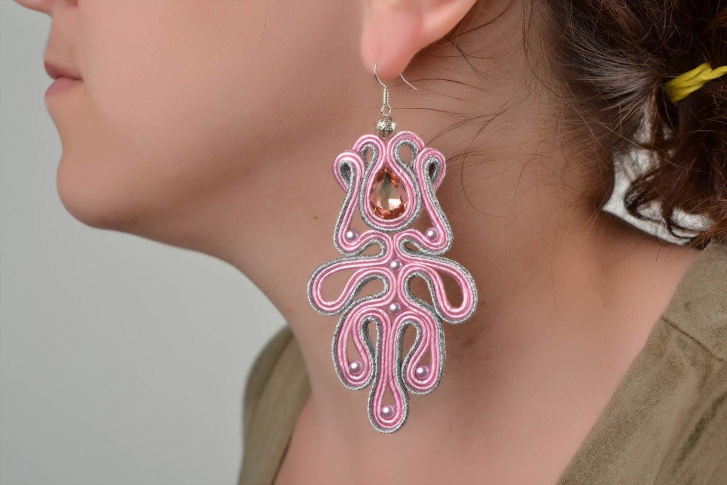Beautiful handmade designer pink soutache earrings with plastic beads photo 2