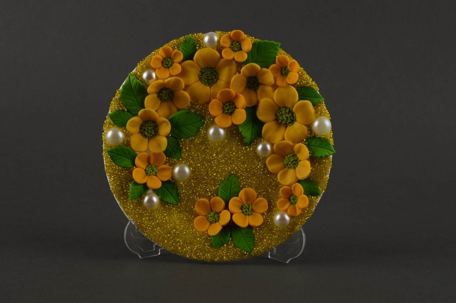 Assiette design faite main Déco maison ronde jaune avec fleurs Cadeau original photo 2