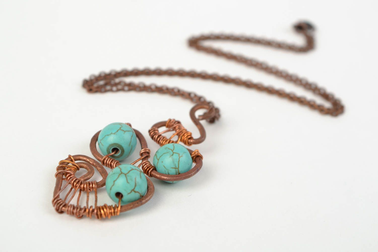 Handmade copper wire wrap pendant with turquoise on long chain stylish accessory photo 3