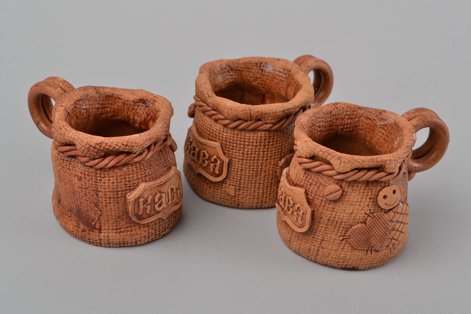  Clay brow decorative pottery set in 7 pieces - three espresso cups, coffee turk, sugar, and salt jars photo 3