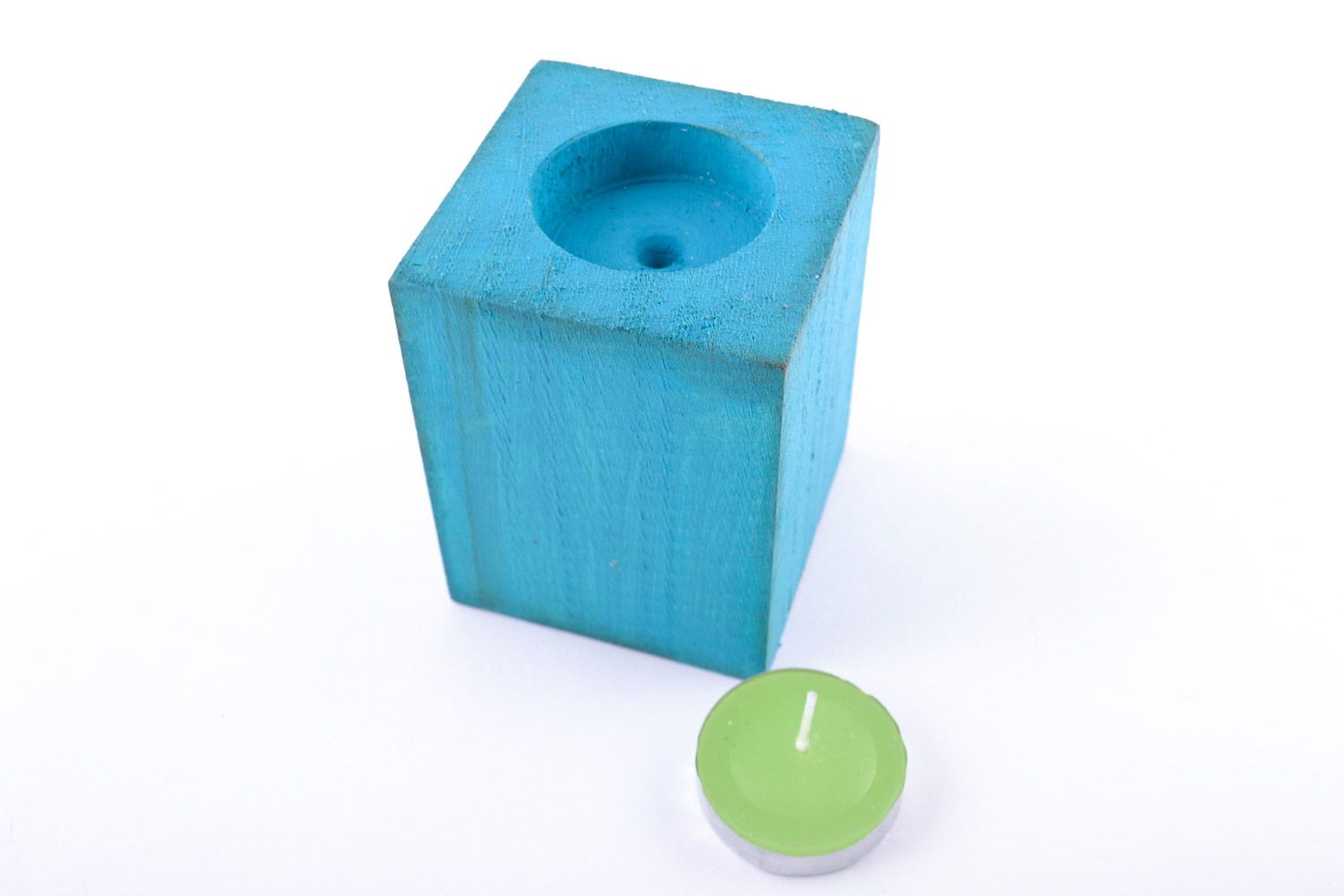 Candelero de madera para vela plana artesanal azul con dibujo de gato foto 5