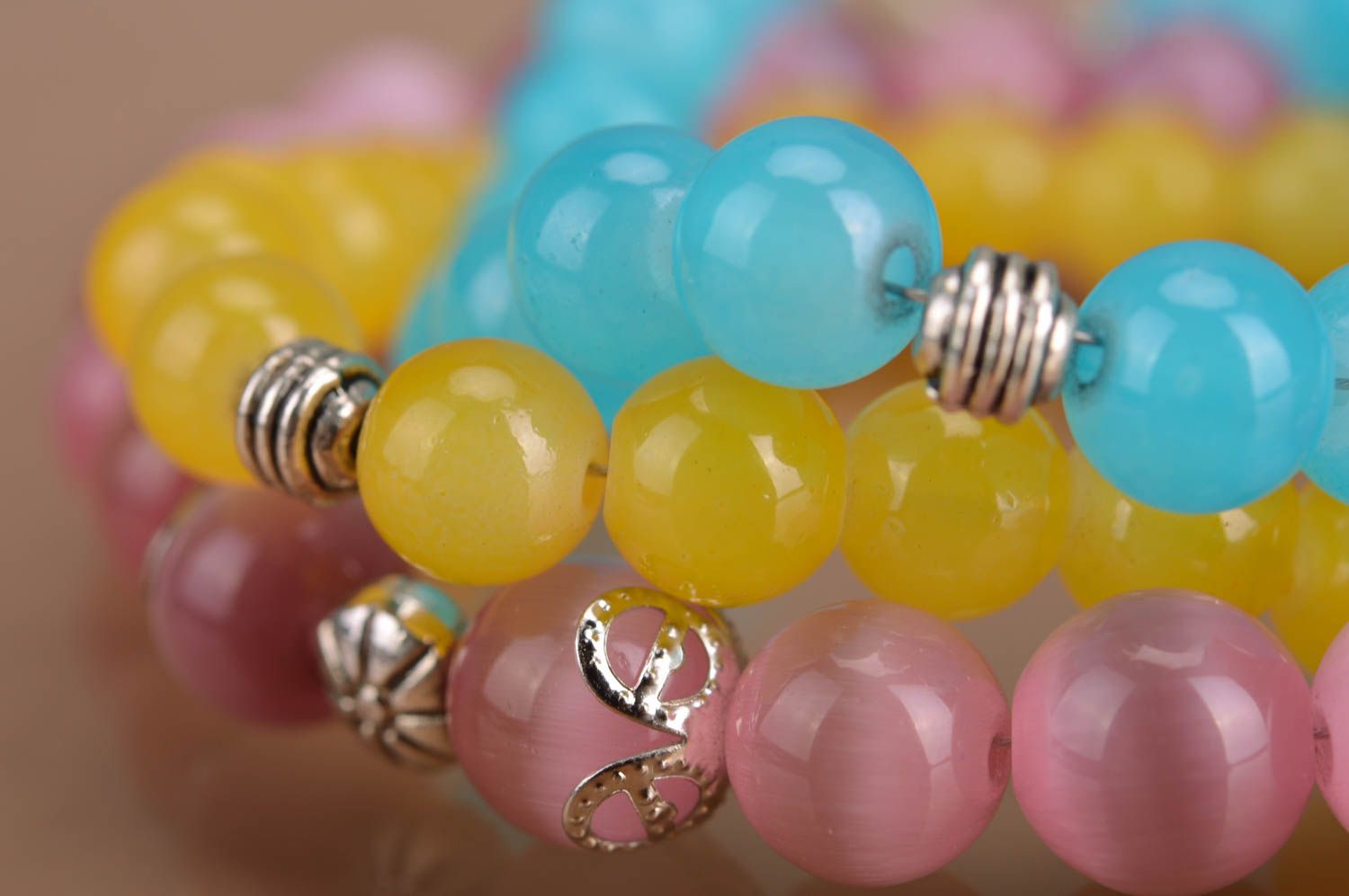 Set of 3 handmade designer beaded wrist bracelets neon colorful yellow pink blue photo 5