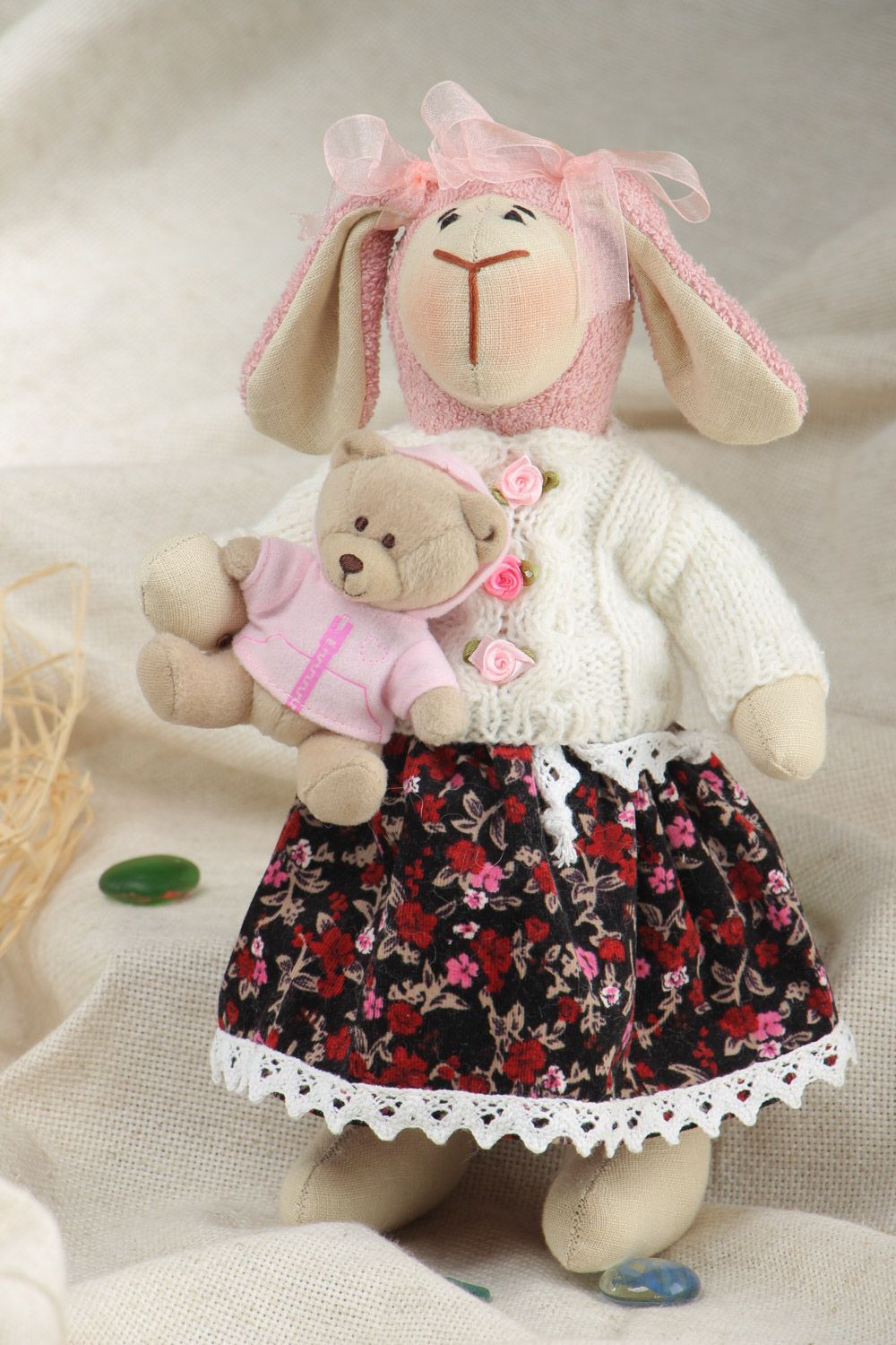 Cute handmade soft toy sewn of linen Lamb in knit sweater with bear toy photo 1