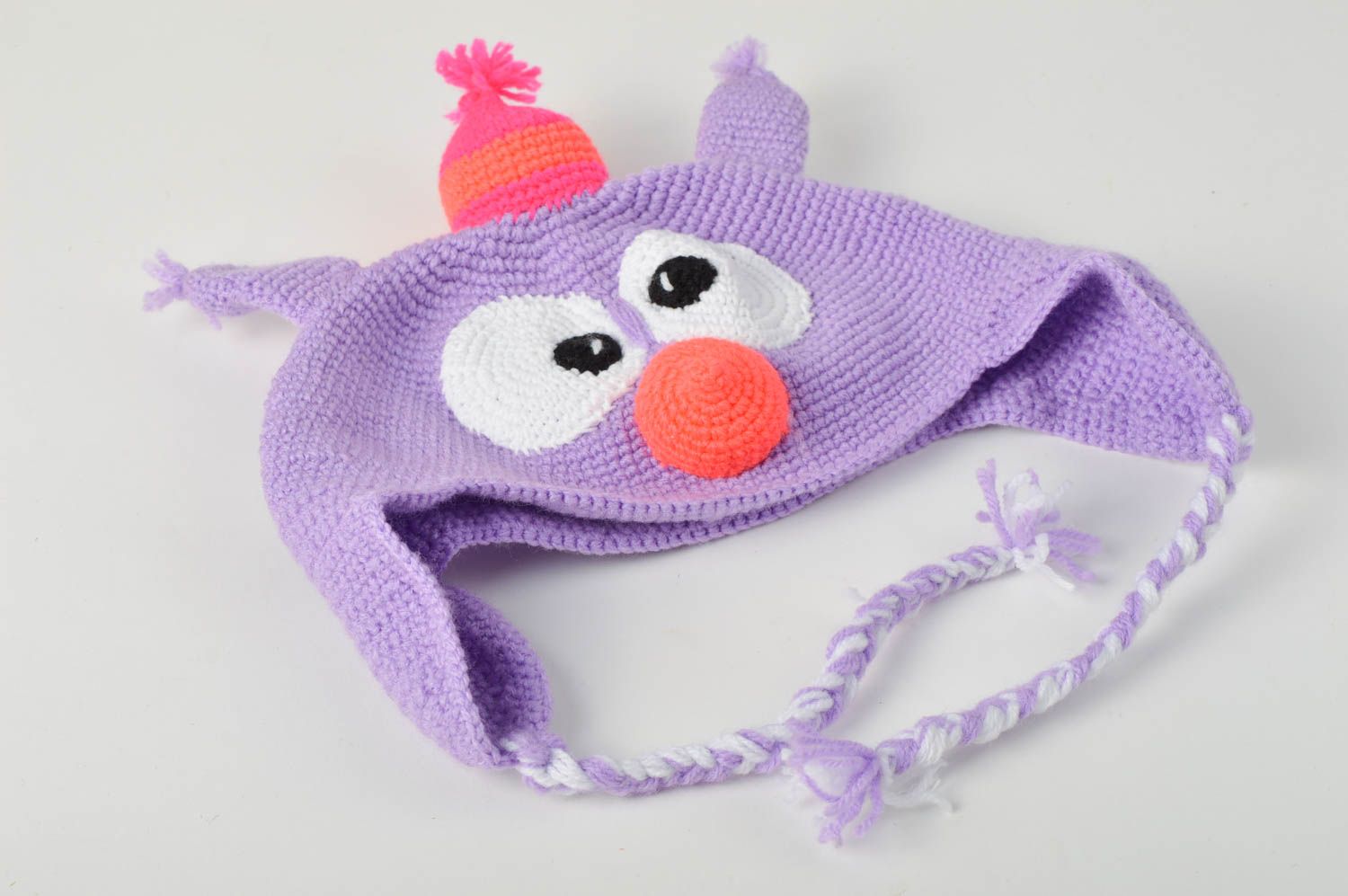 Стильная шапка хэнд мэйд детская вязаная шапочка фиолетовая зимняя шапка сова фото 2