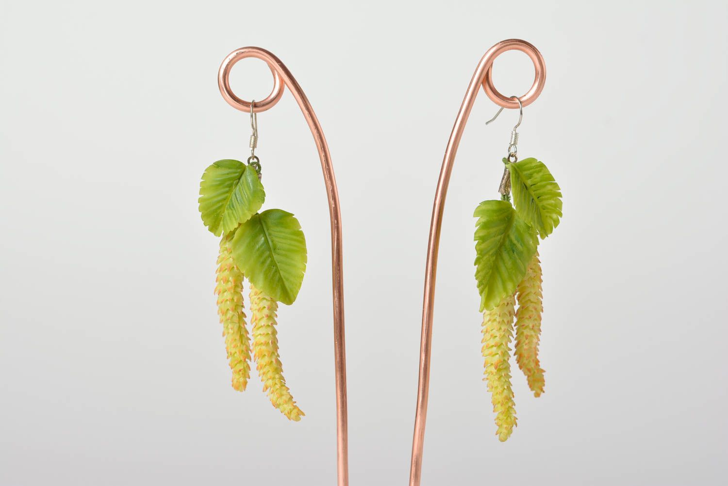 Handmade long designer dangling earrings with Japanese polymer clay birch buds photo 1