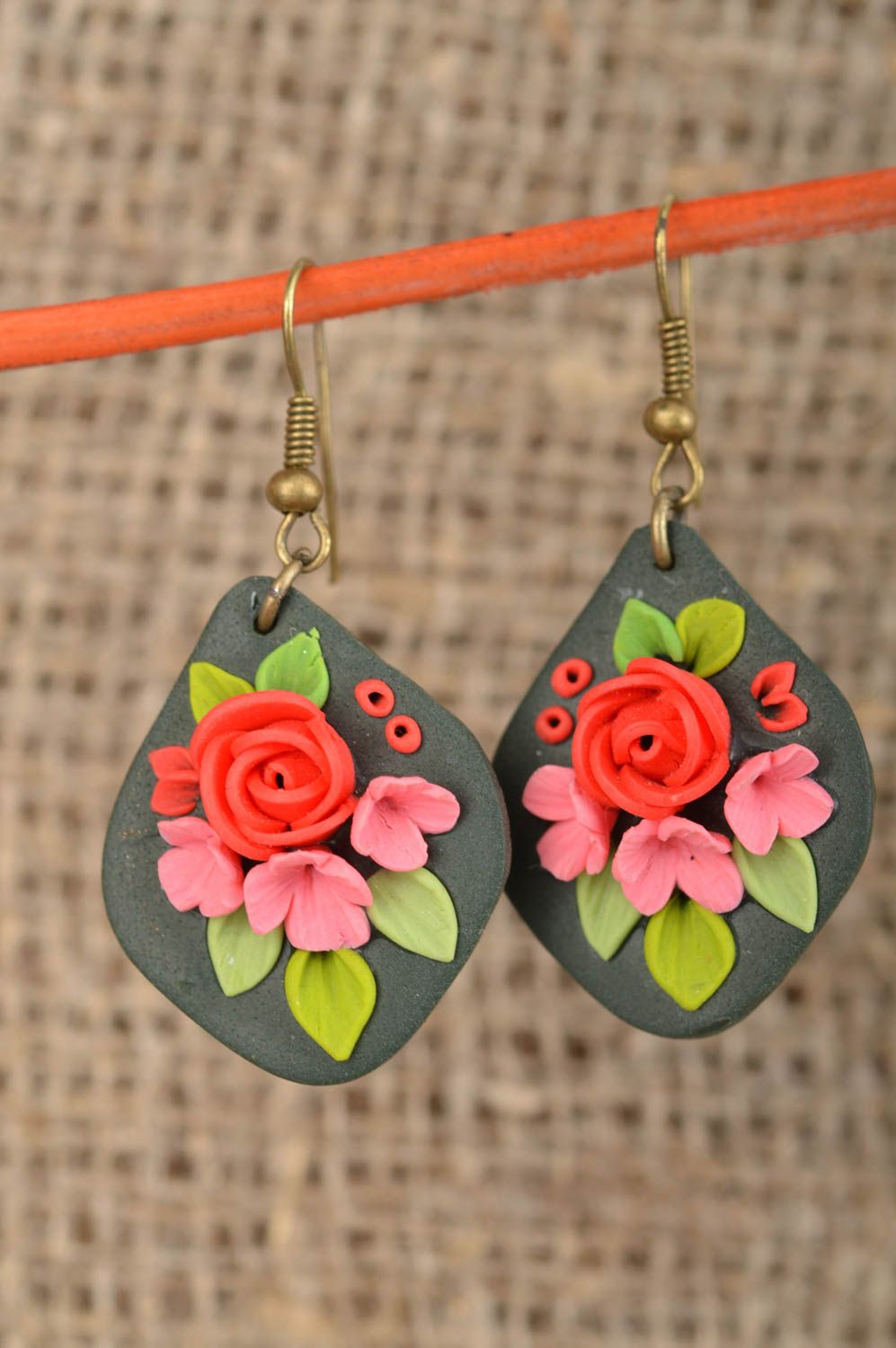 Earrings made of polymer clay handmade accessory with beautiful flowers photo 1