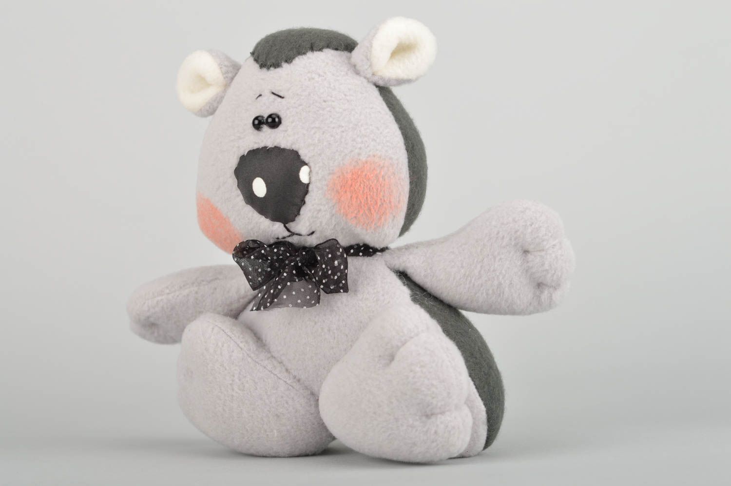 Handmade light gray fabric soft toy bear with organza polka dot bow  photo 2