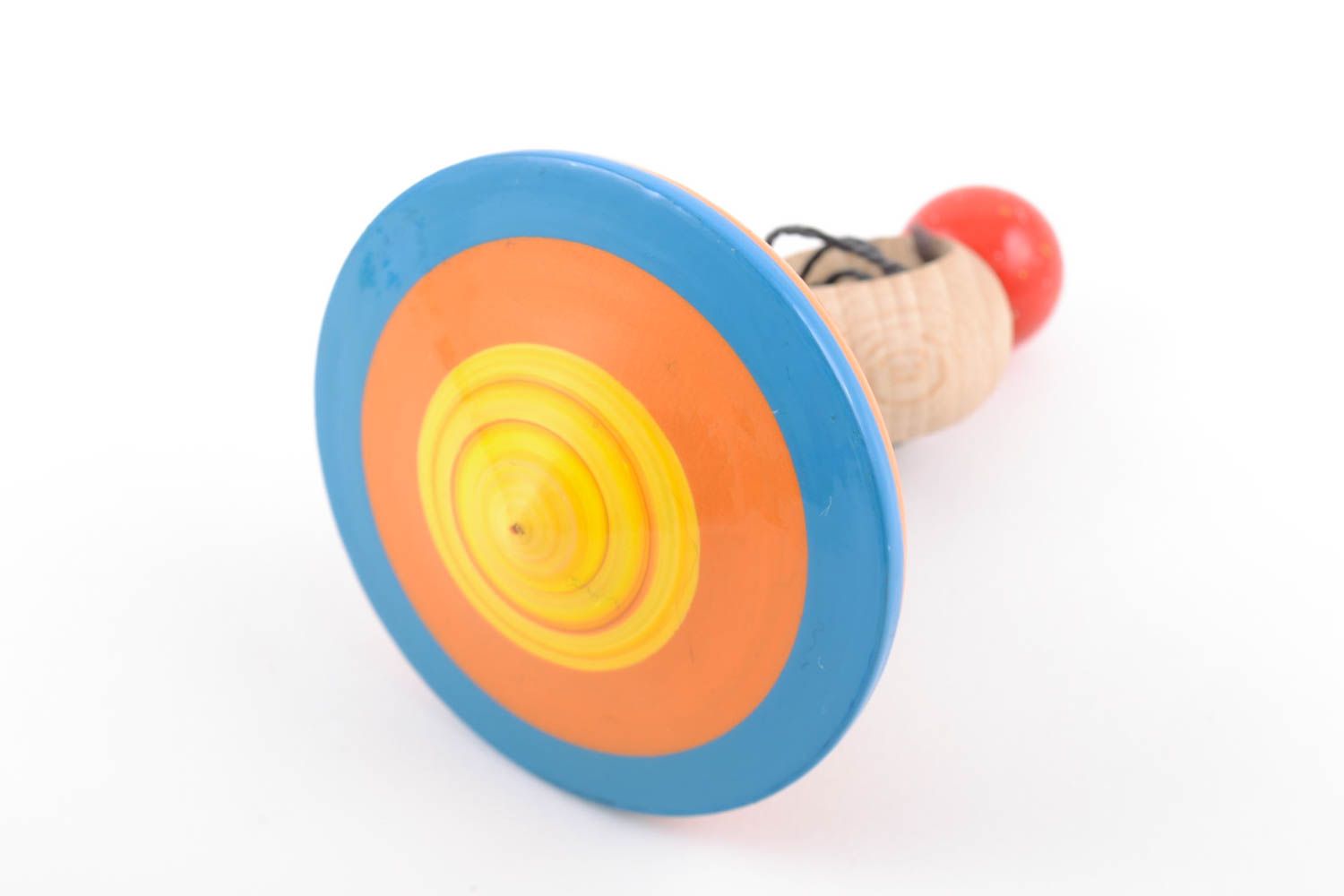 Striped painted eco wooden spinning top with ring and string handmade toy photo 4