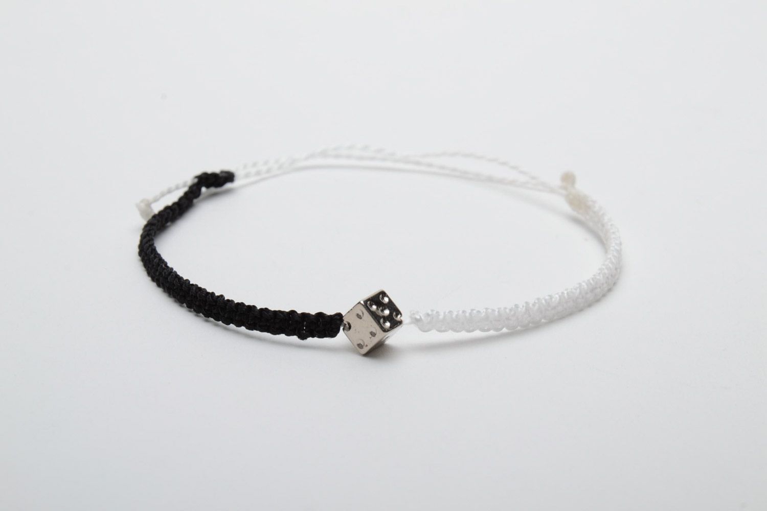 Black and white handmade macrame woven capron thread bracelet photo 5