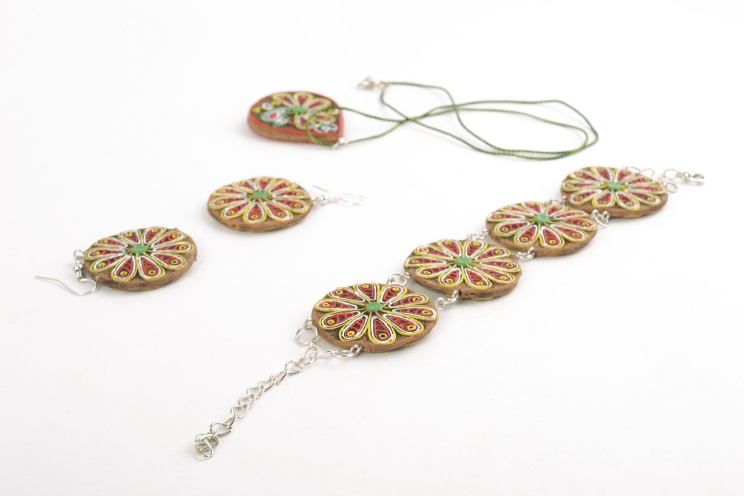 Set of handmade ceramic painted ethnic jewelry 3 items pendant earrings bracelet photo 4