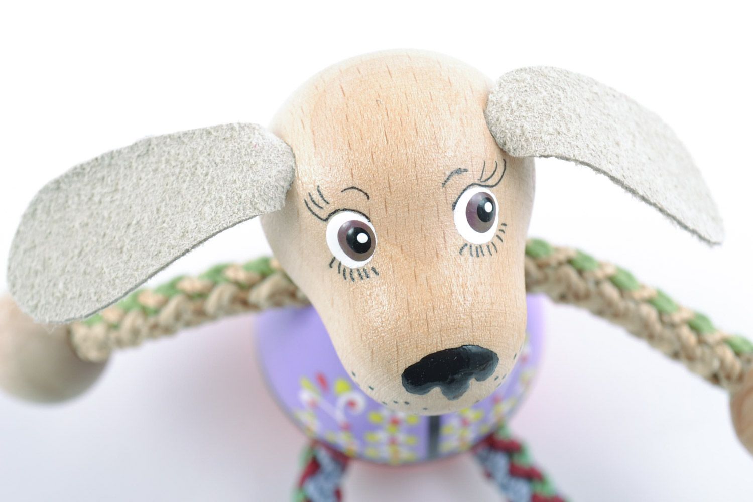 Cute small painted wooden eco toy dog with cord paws handmade for children photo 2