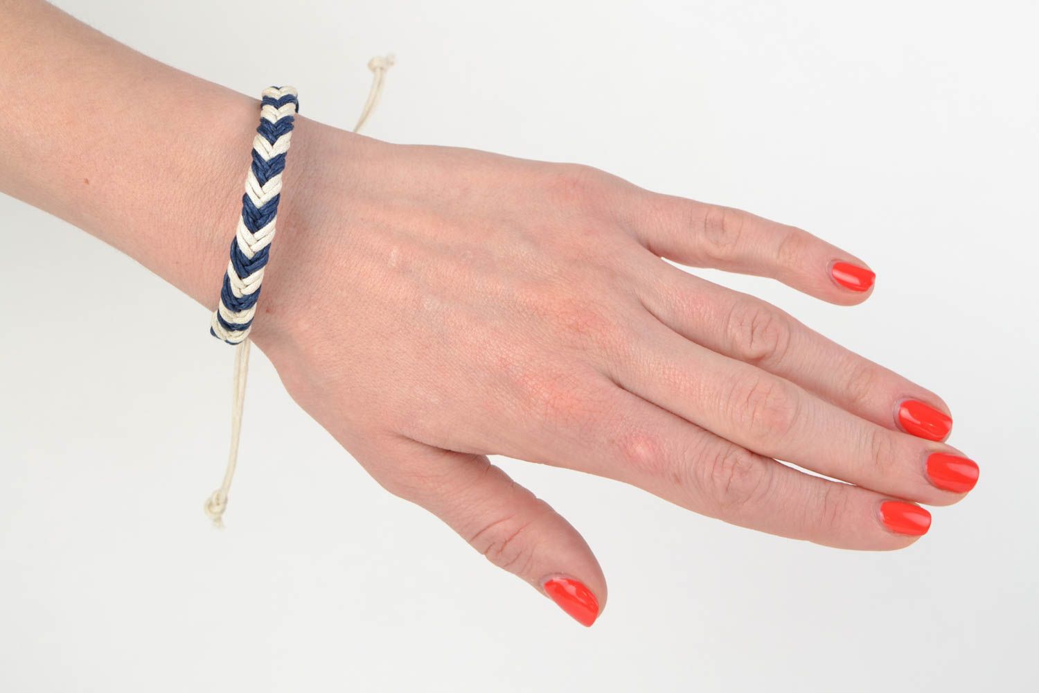 Bracelet textile tressé de fil ciré bleu blanc original bijou fait main photo 2