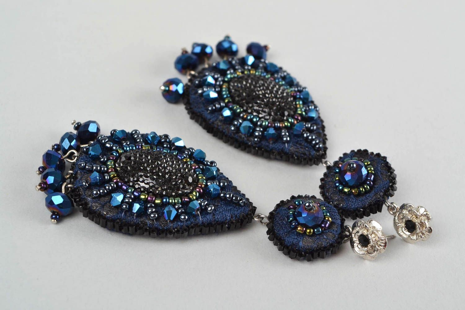 Handmade long festive designer bead embroidered drop shaped dangle earrings photo 1