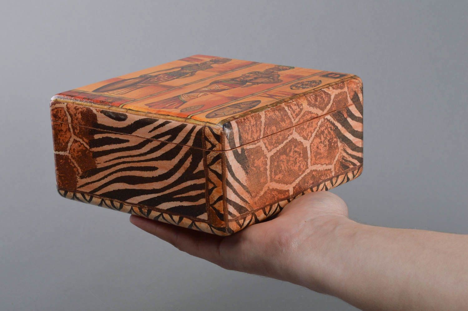 Rectangular handmade wooden jewelry box made using decoupage technique Africa photo 4