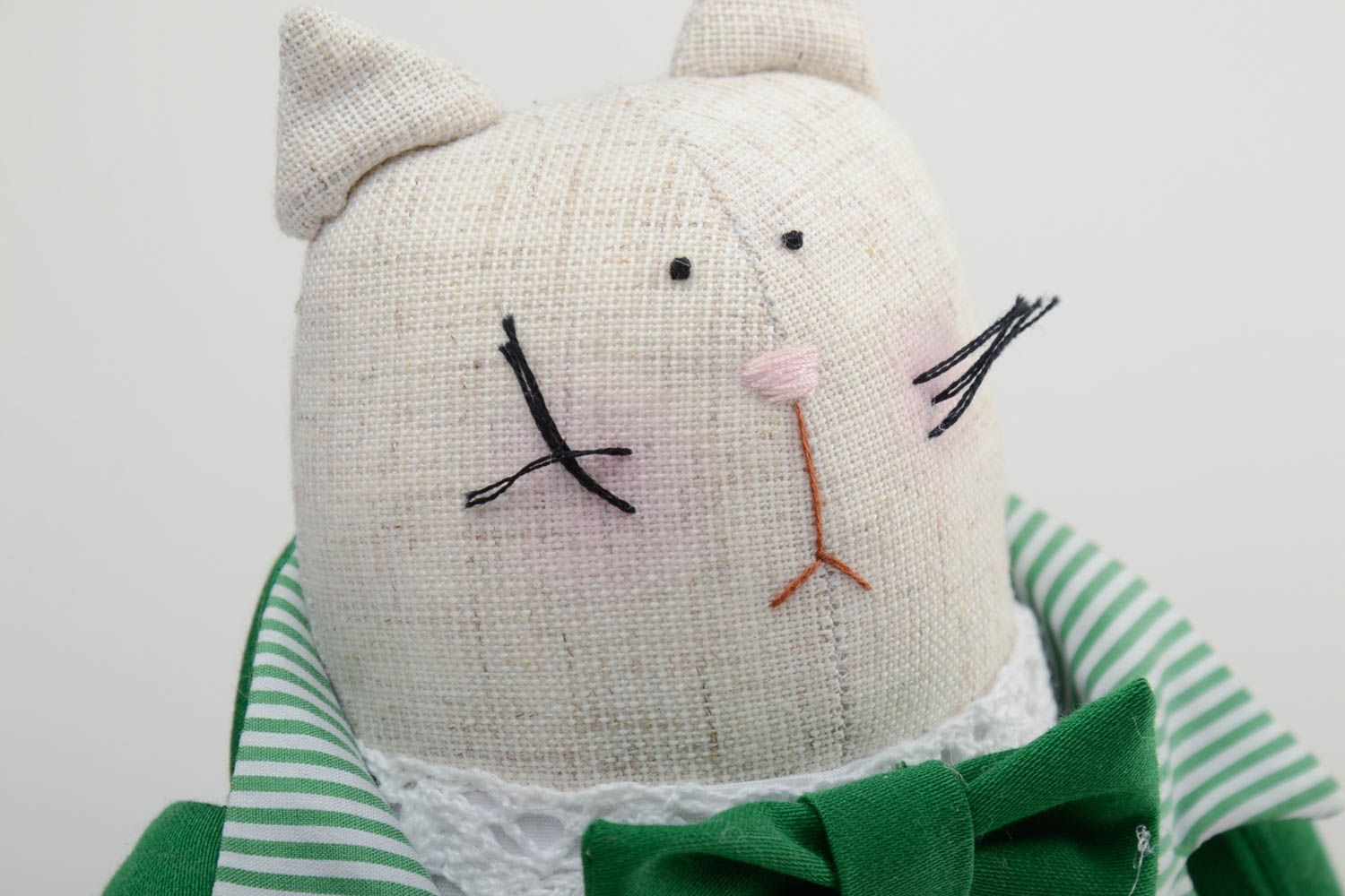 Handmade designer soft toy sewn of cotton fabric fat cat in green business suit photo 3