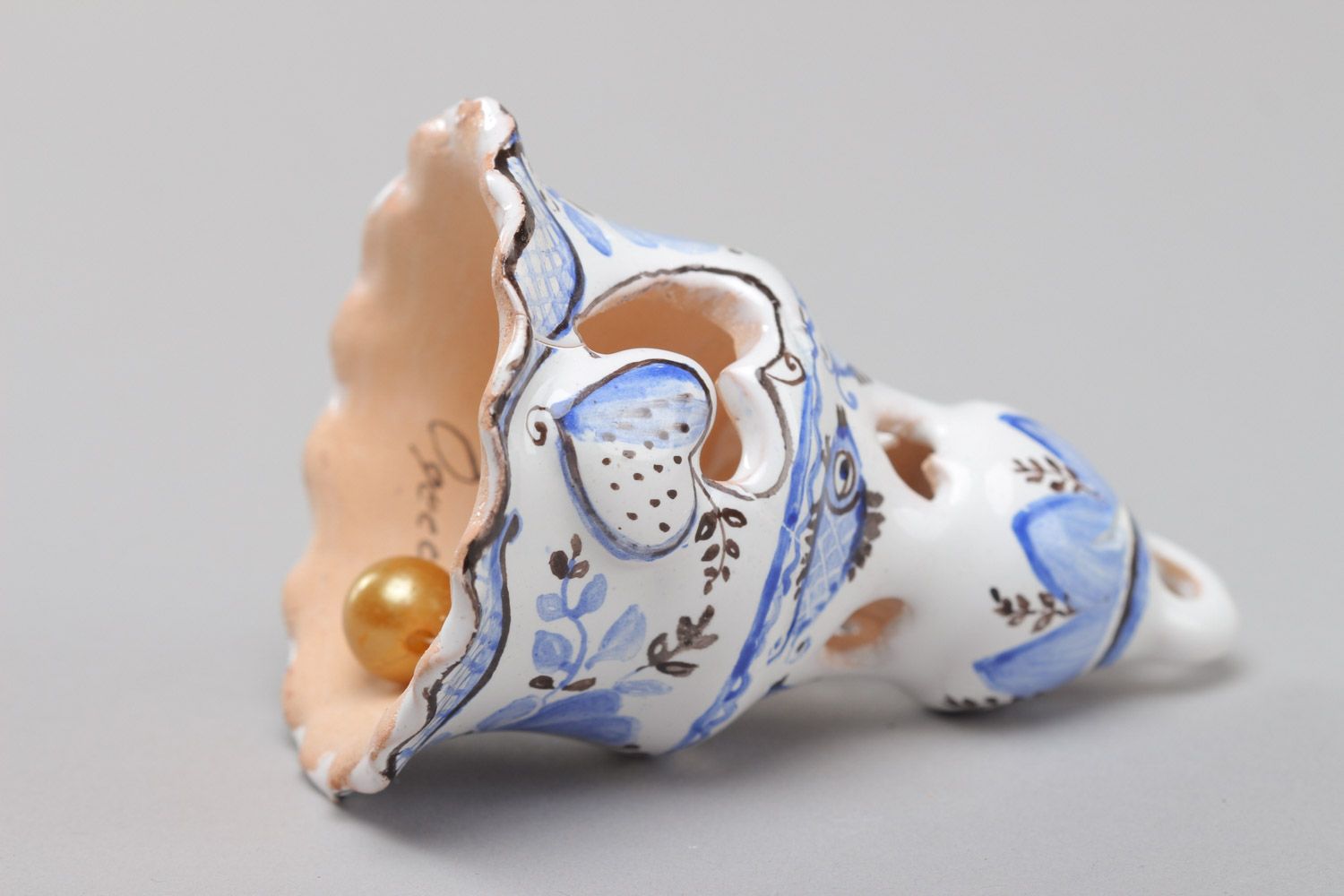 Декоративный керамический колокольчик с покрытием эмалью ручной работы белый фото 3