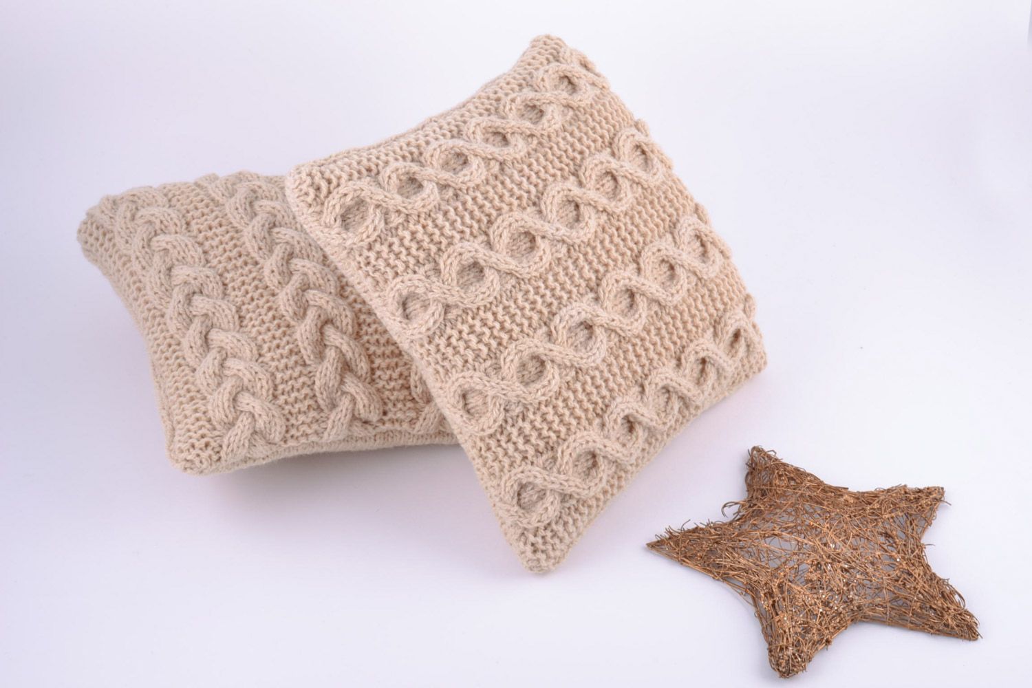 Set of small beige handmade semi woolen knitted pillow cases with zipper 2 items photo 1