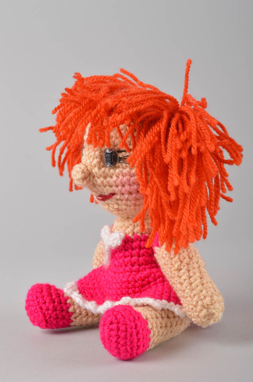 Мягкая игрушка кукла ручной работы кукла крючком в розовом платье маленькая фото 3