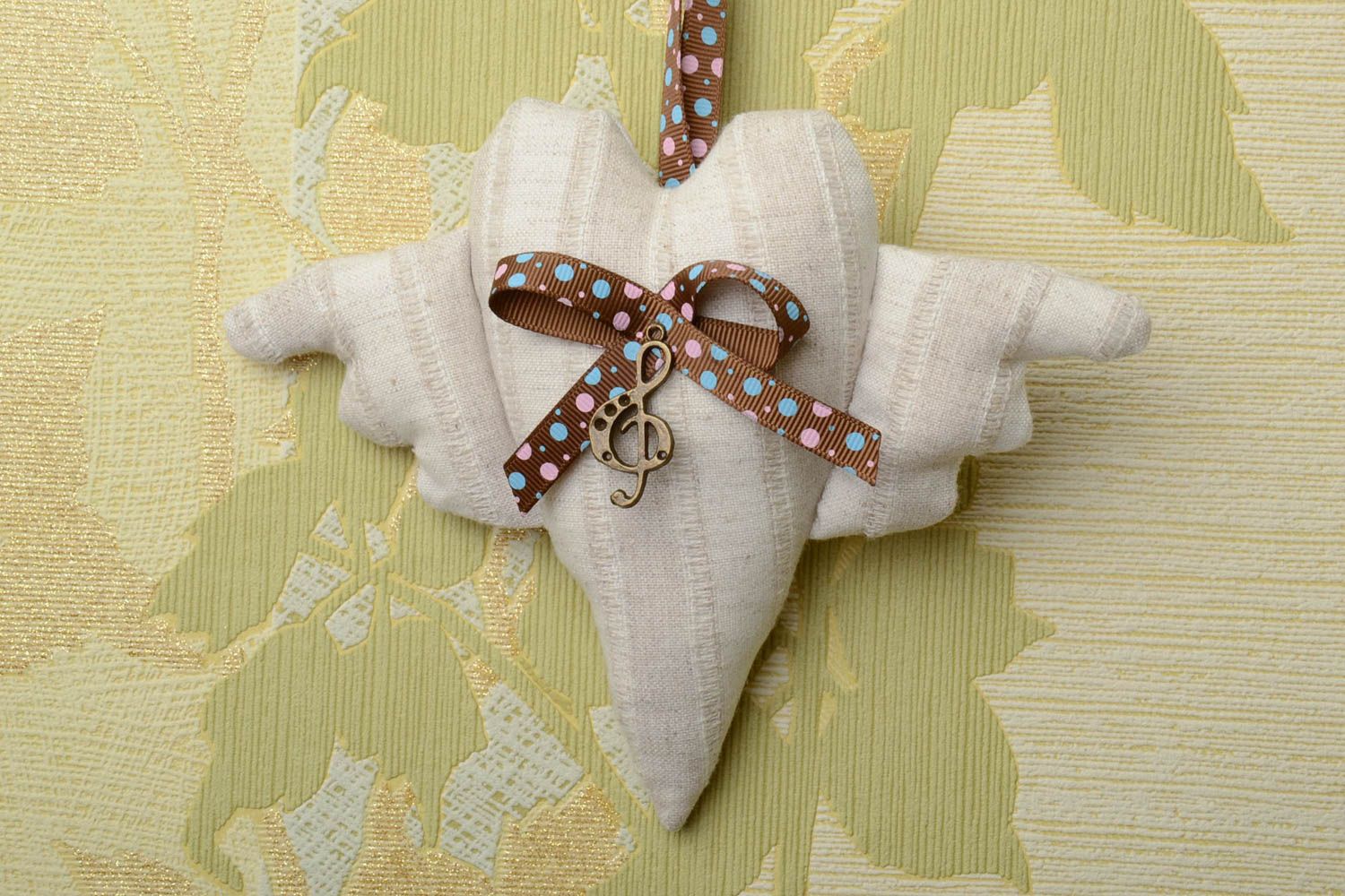 Handmade soft linen fabric wall hanging decoration light heart with wings photo 1