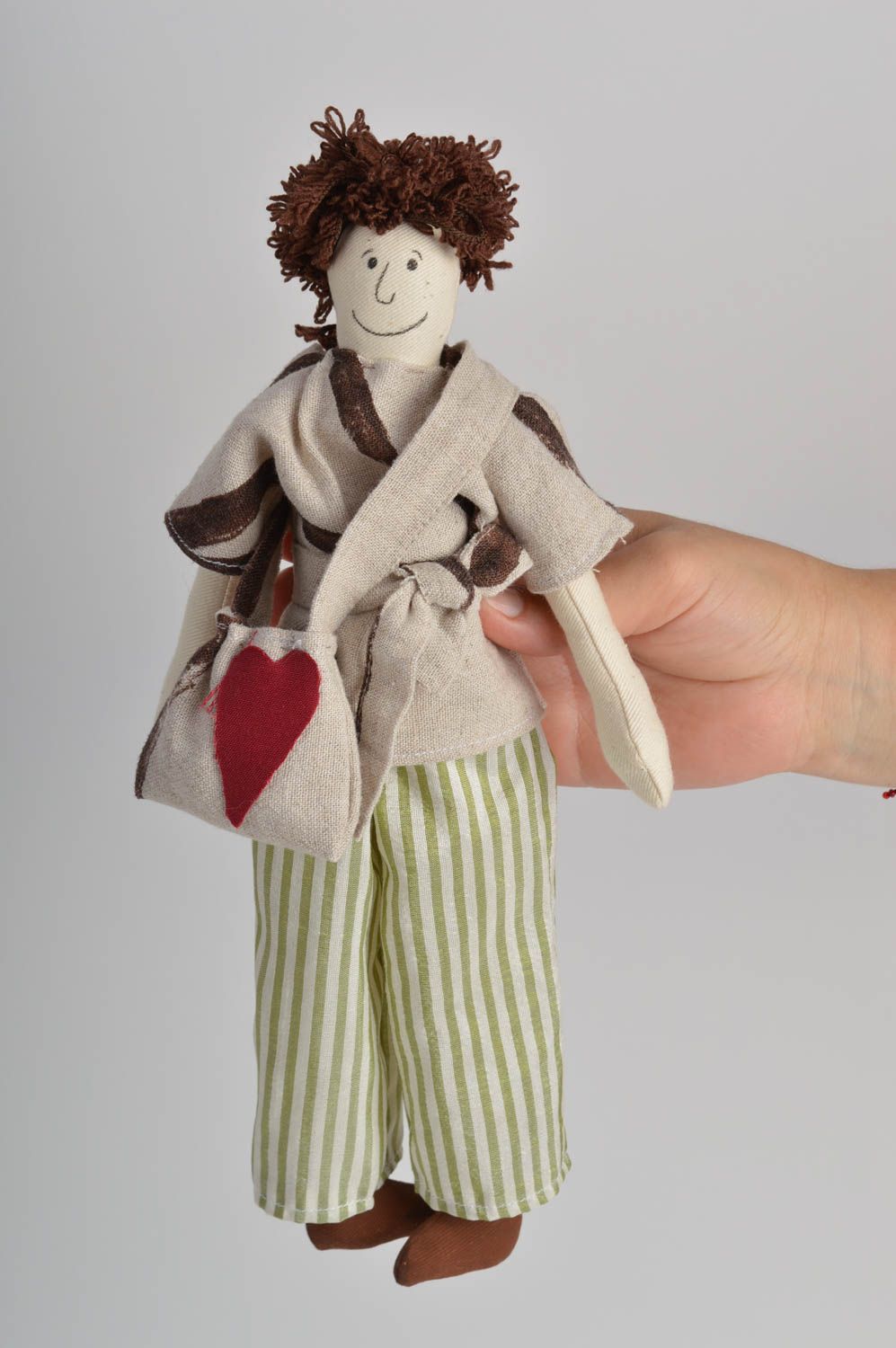 Handmade designer fabric soft doll for kids and interior decor boy with bag photo 5